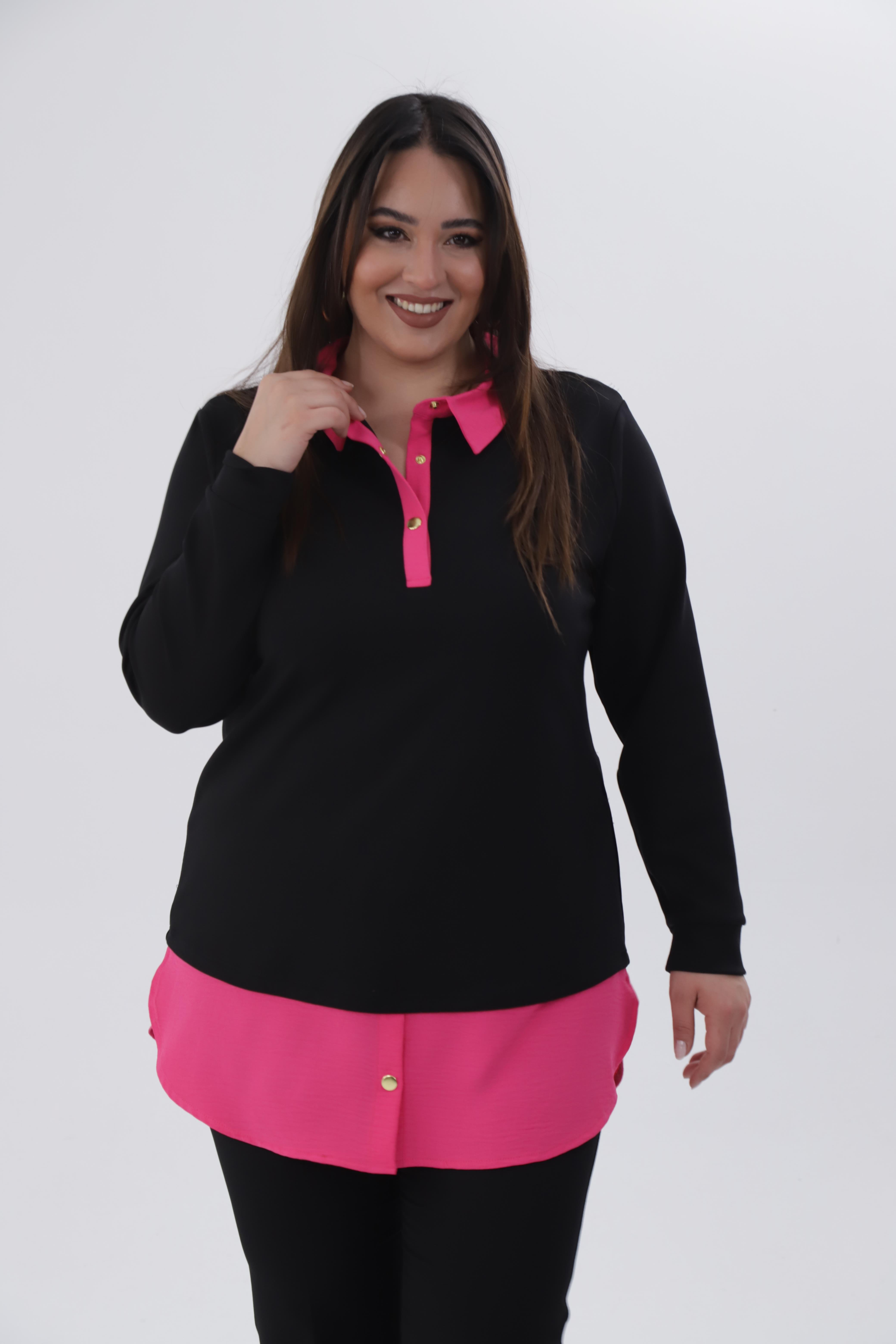 Büyük Beden 333743 Yakası Zincir Detaylı Bluz Siyah-Fuşya