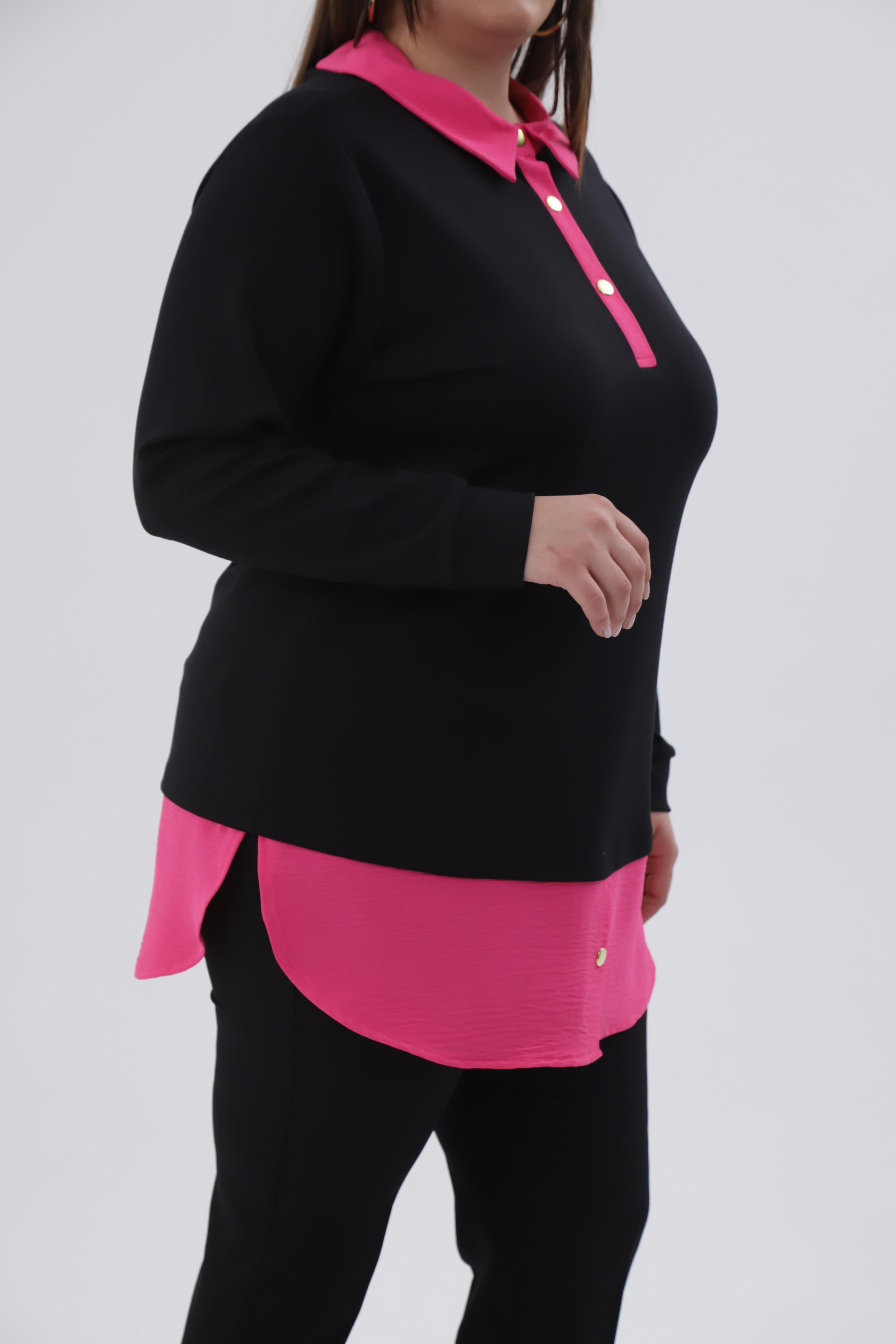 Büyük Beden 333743 Yakası Zincir Detaylı Bluz Siyah-Fuşya