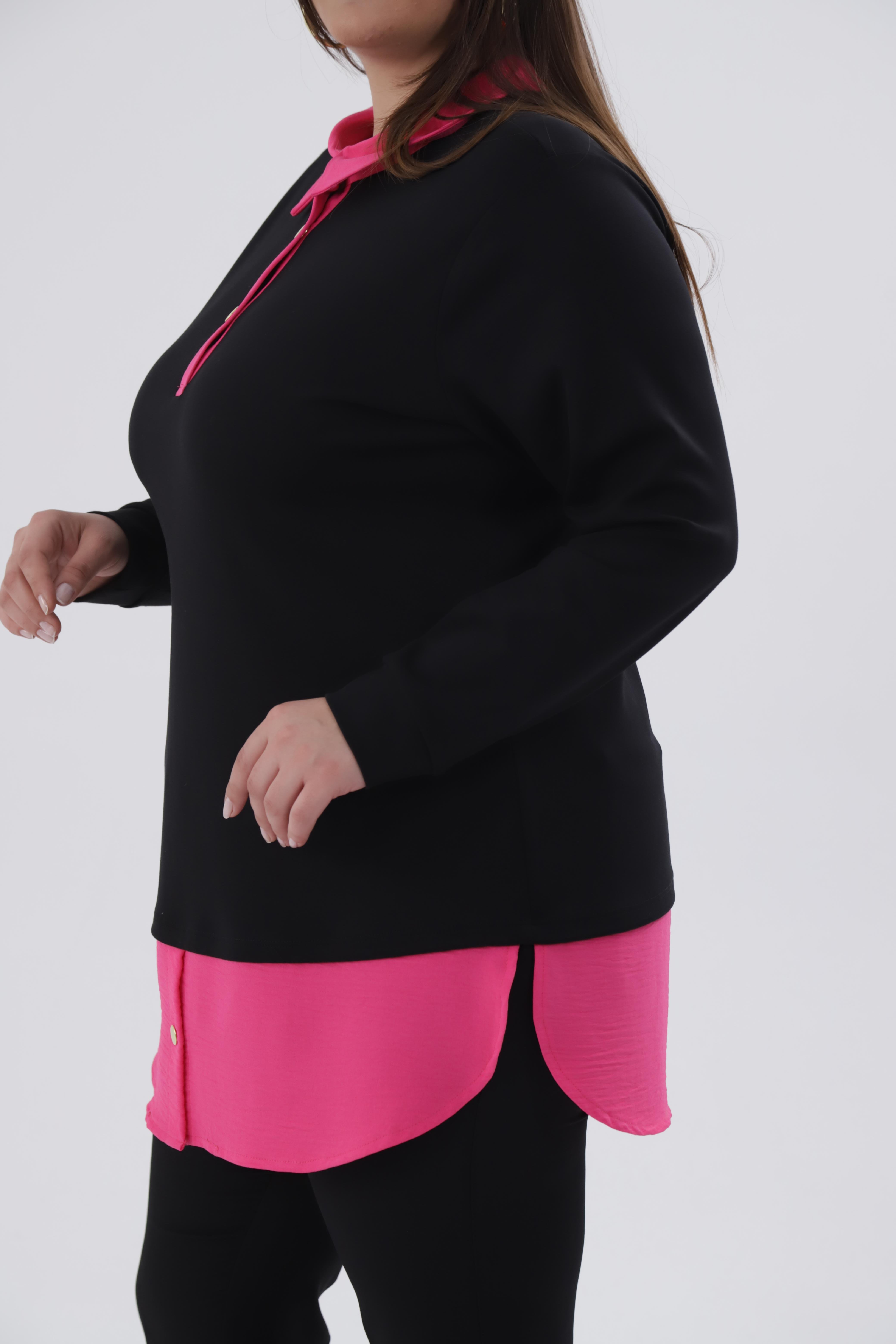 Büyük Beden 333743 Yakası Zincir Detaylı Bluz Siyah-Fuşya