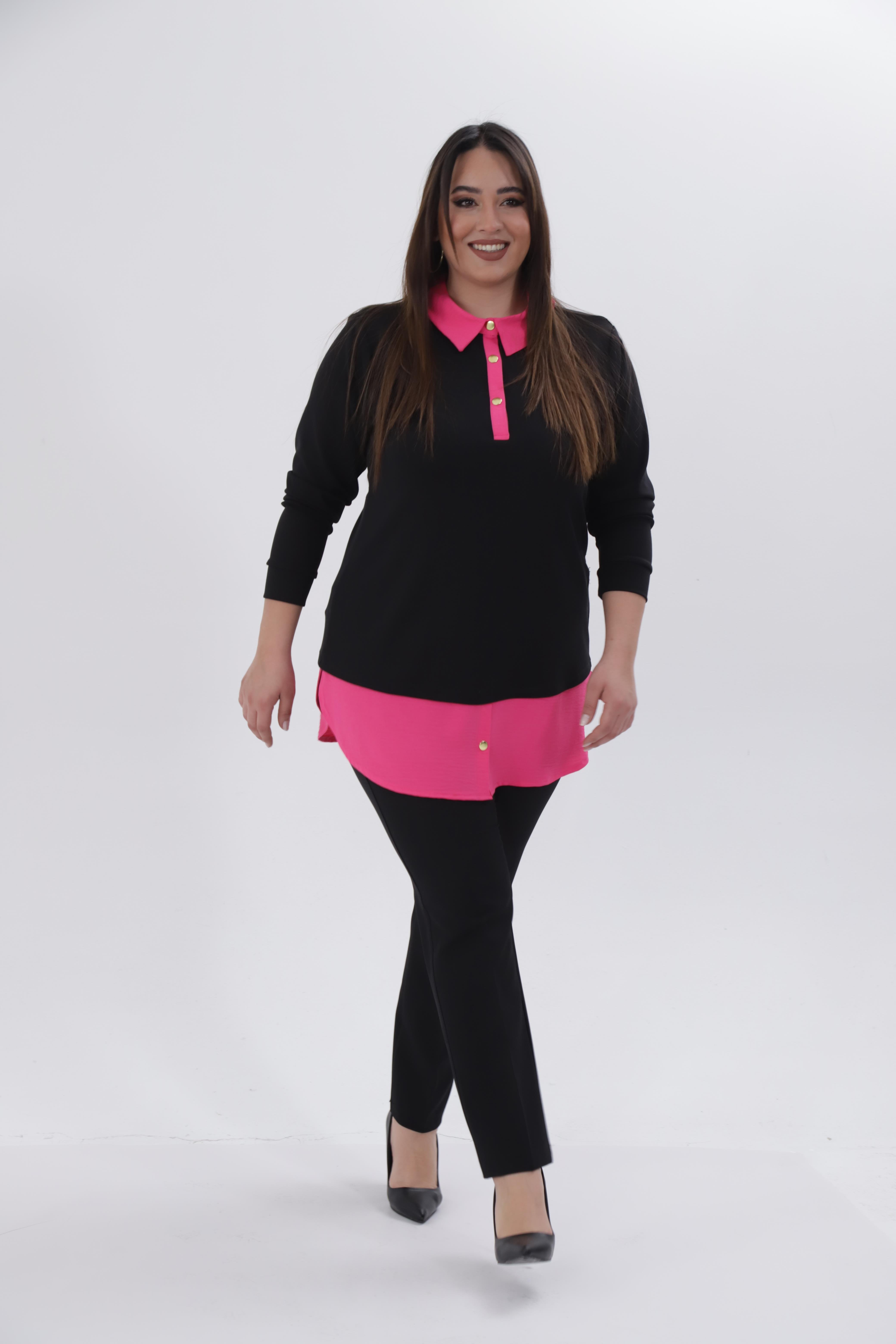 Büyük Beden 333743 Yakası Zincir Detaylı Bluz Siyah-Fuşya