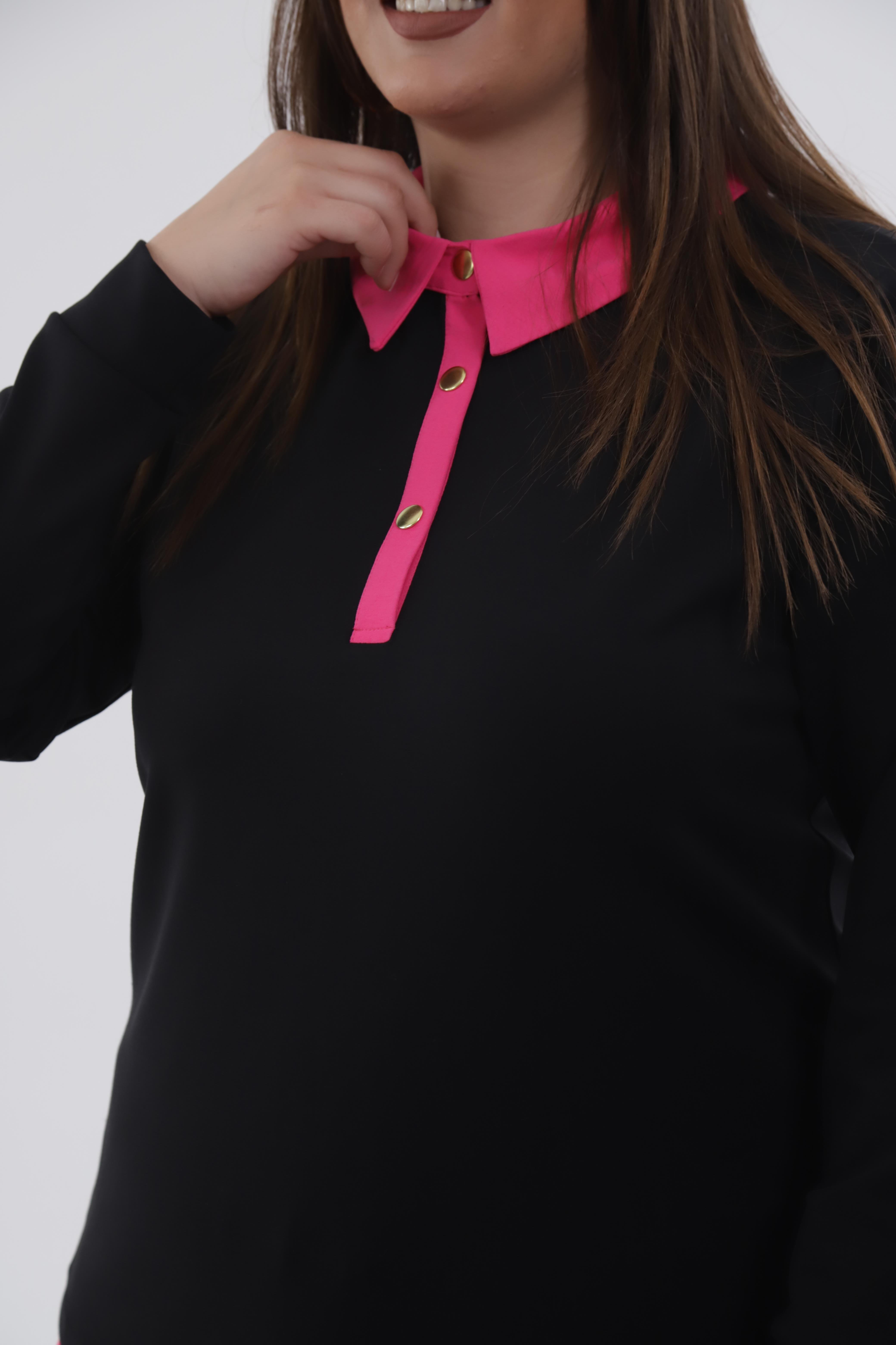 Büyük Beden 333743 Yakası Zincir Detaylı Bluz Siyah-Fuşya