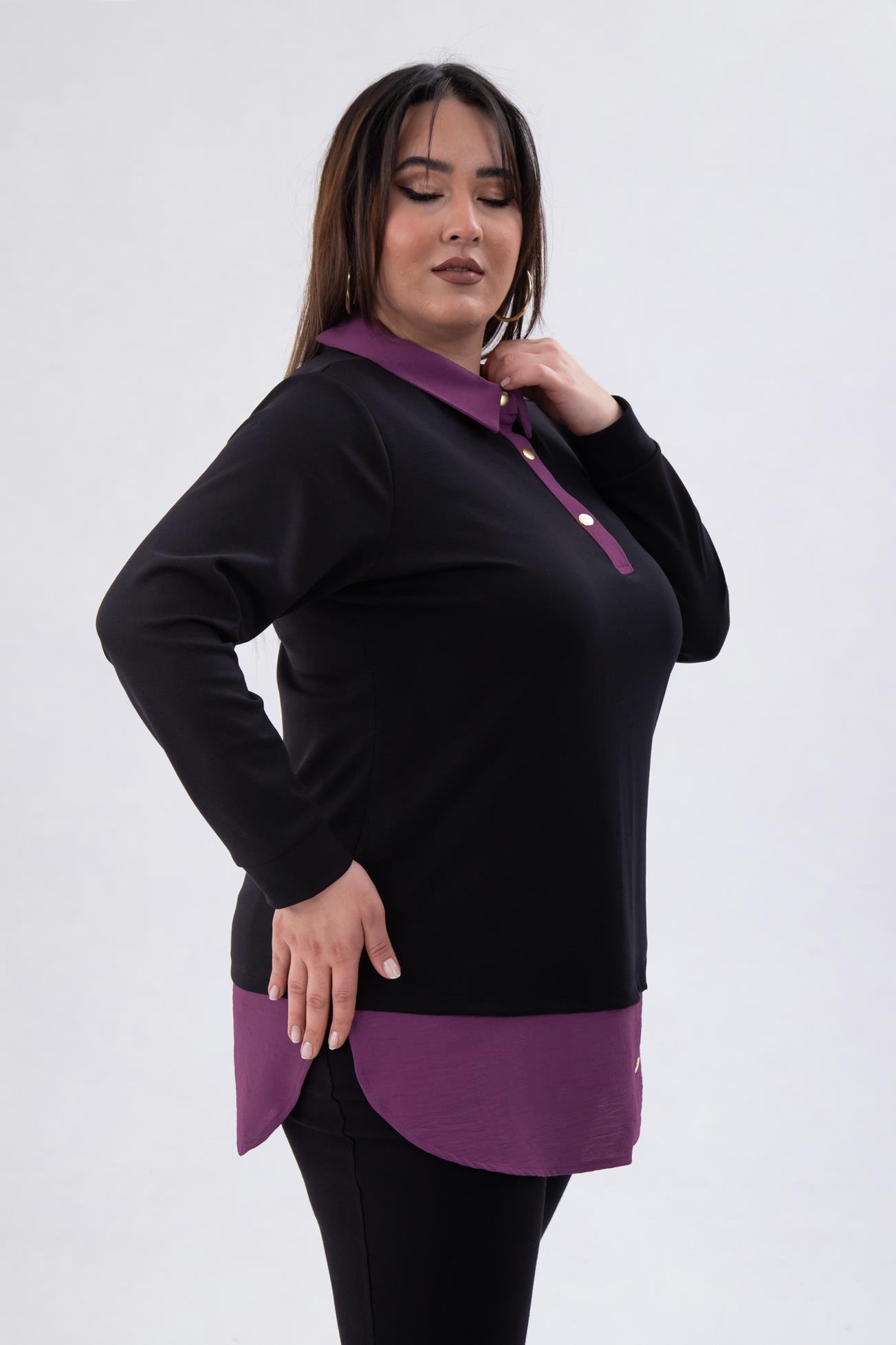 Büyük Beden 333743 Yakası Zincir Detaylı Bluz Siyah-Mor