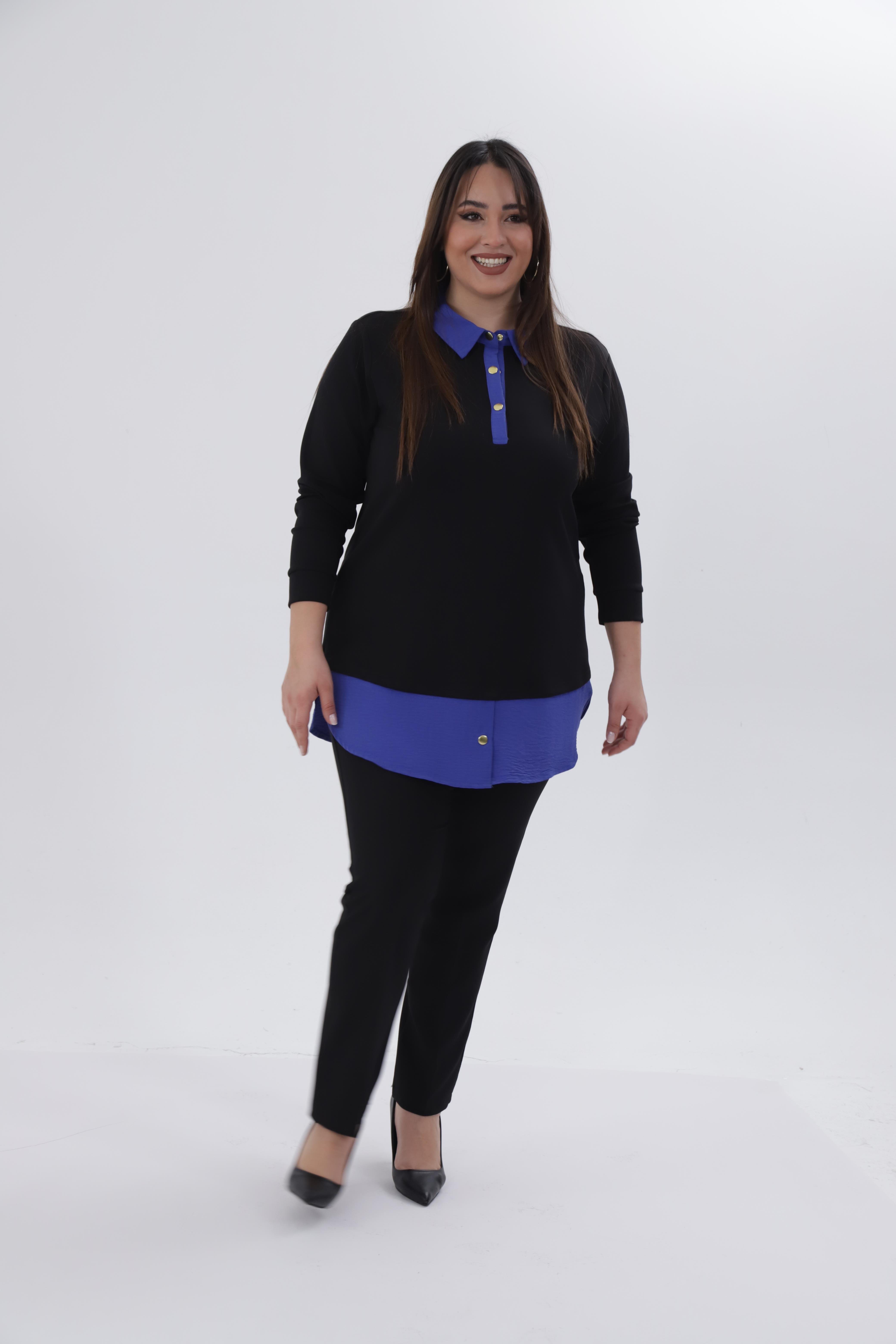 Büyük Beden 333743 Yakası Zincir Detaylı Bluz Siyah-Mavi