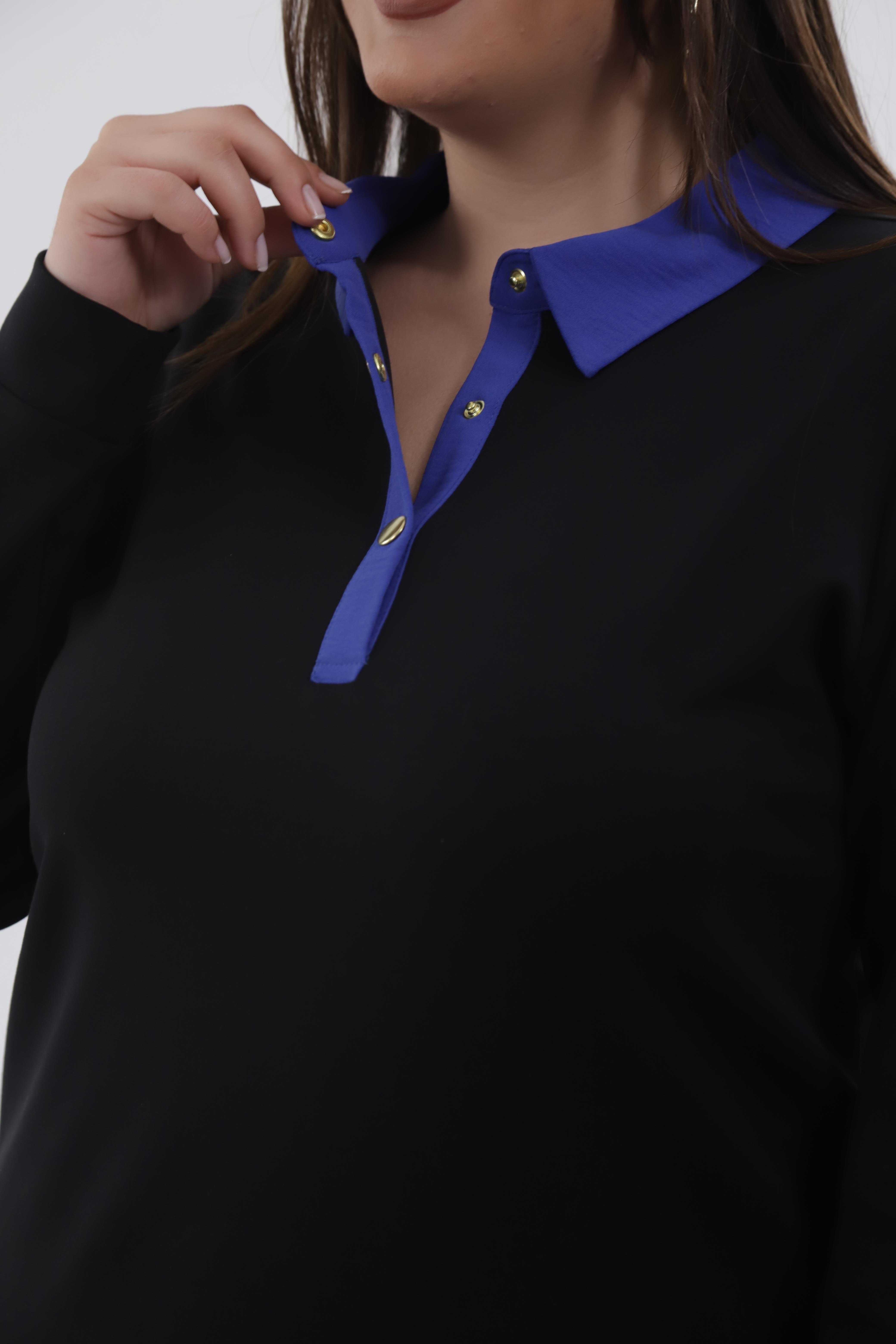 Büyük Beden 333743 Yakası Zincir Detaylı Bluz Siyah-Mavi