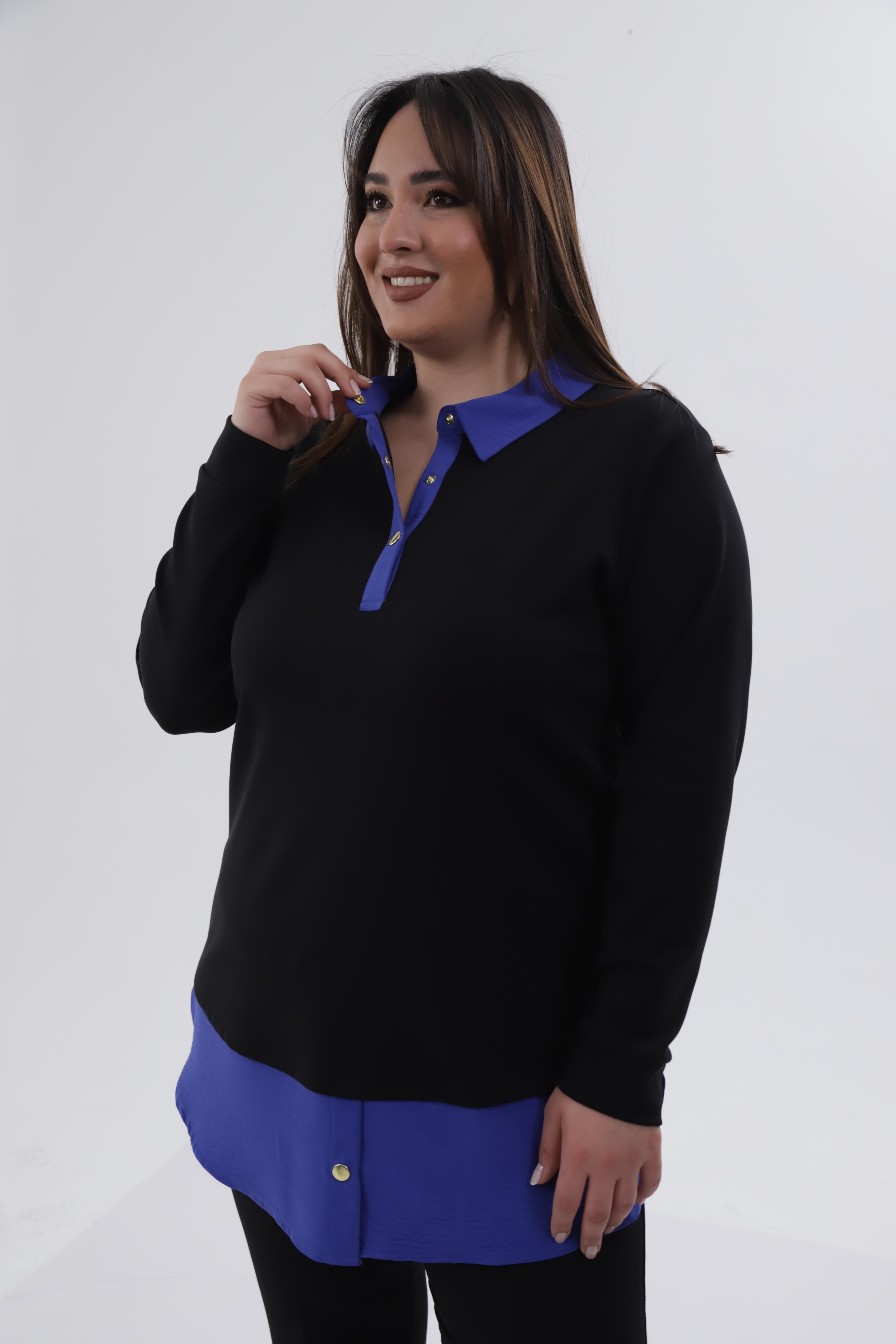 Büyük Beden 333743 Yakası Zincir Detaylı Bluz Siyah-Mavi