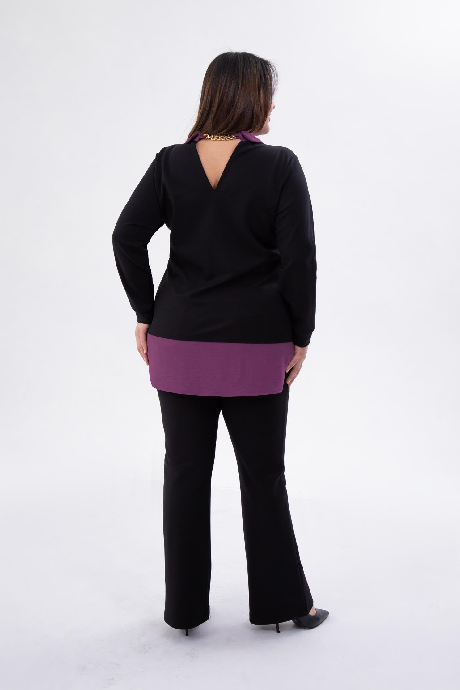 Büyük Beden 333743 Yakası Zincir Detaylı Bluz Siyah-Mor