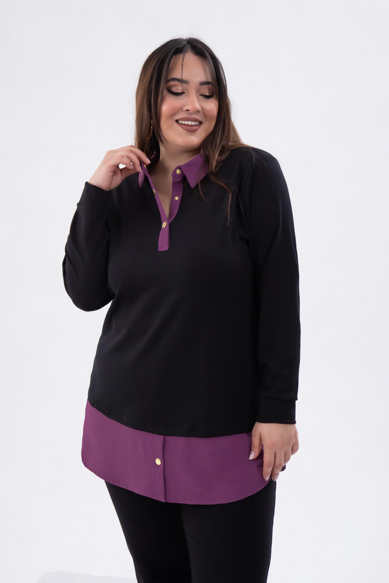 Büyük Beden 333743 Yakası Zincir Detaylı Bluz Siyah-Mor