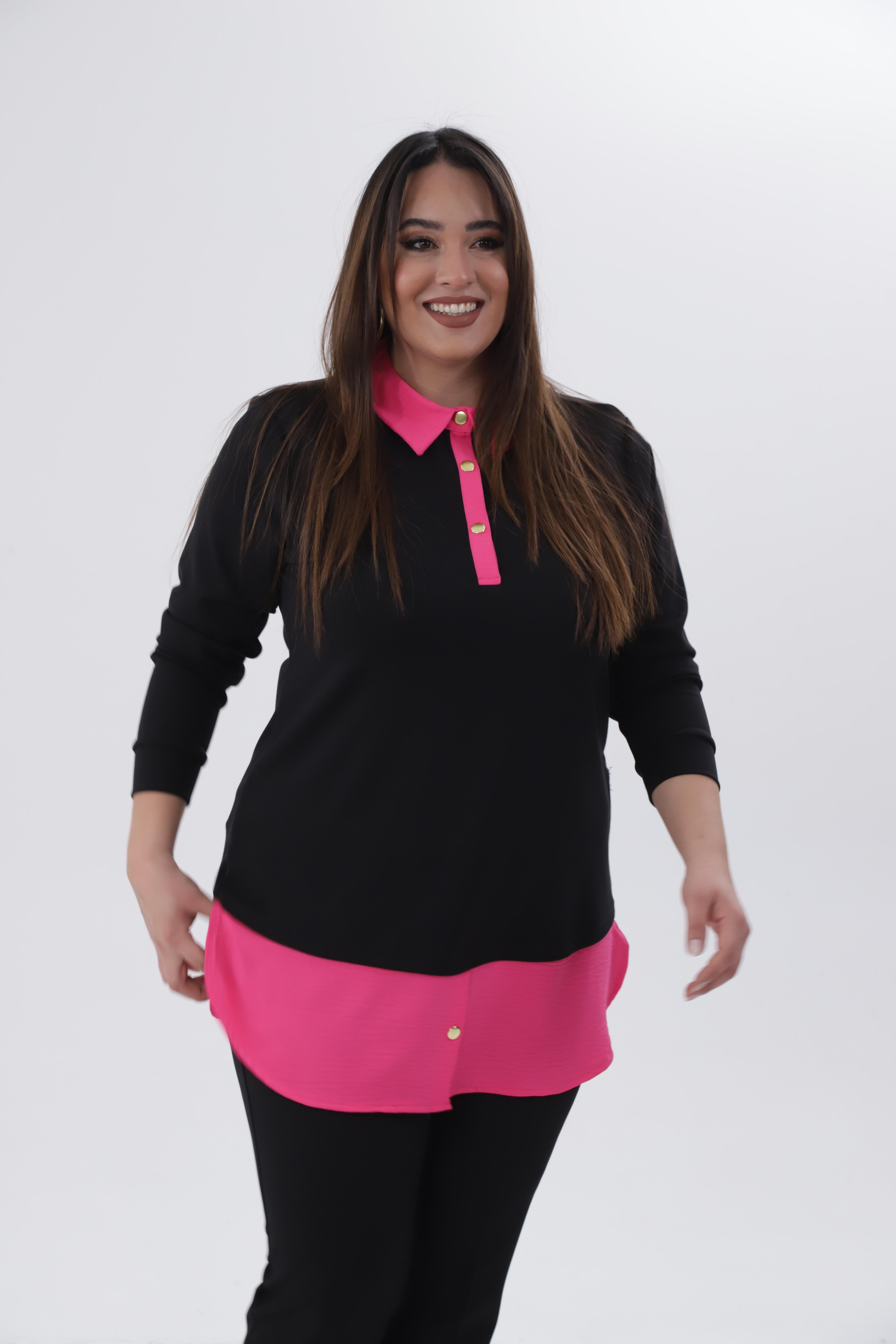 Büyük Beden 333743 Yakası Zincir Detaylı Bluz Siyah-Fuşya