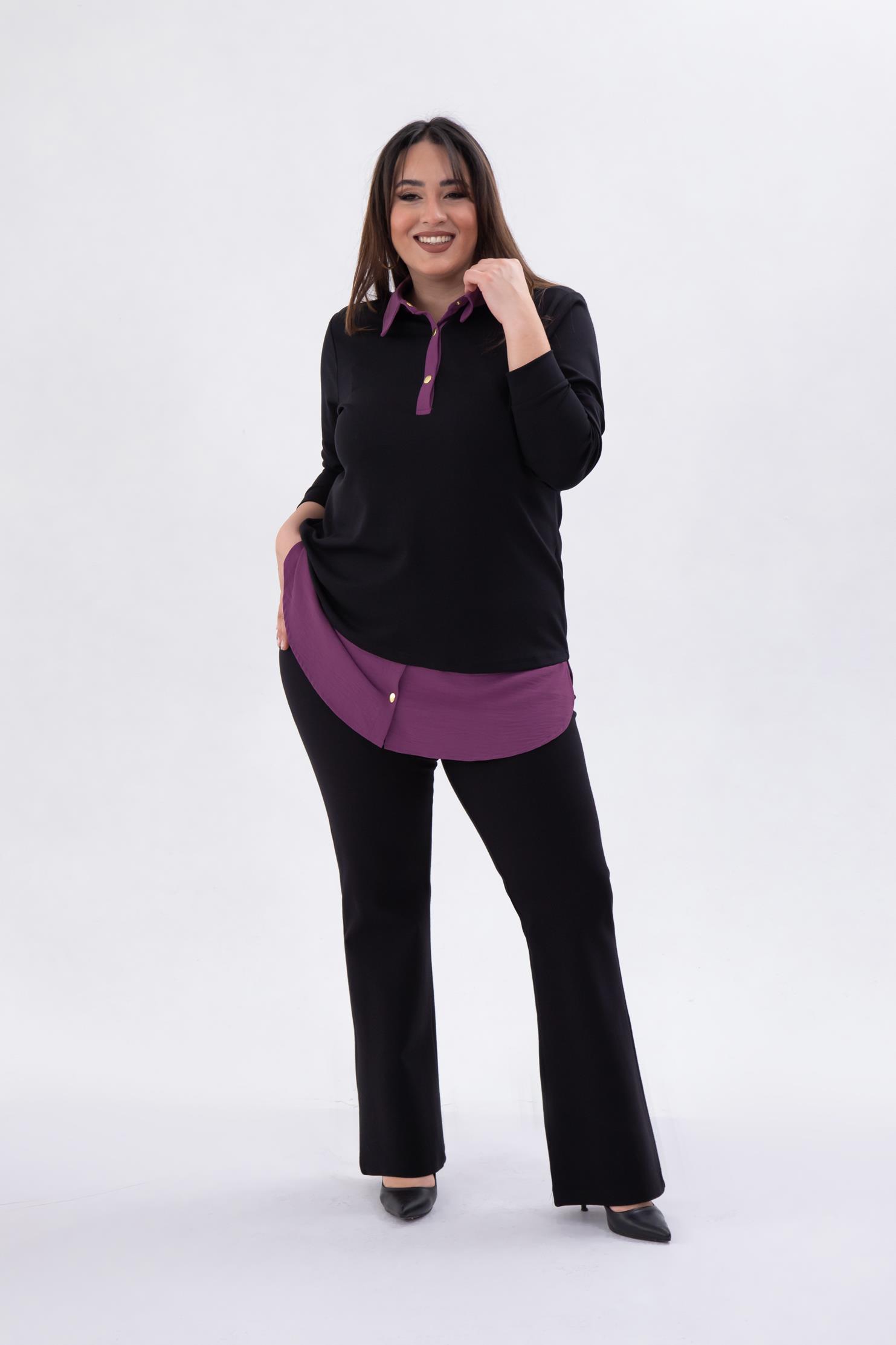 Büyük Beden 333743 Yakası Zincir Detaylı Bluz Siyah-Mor