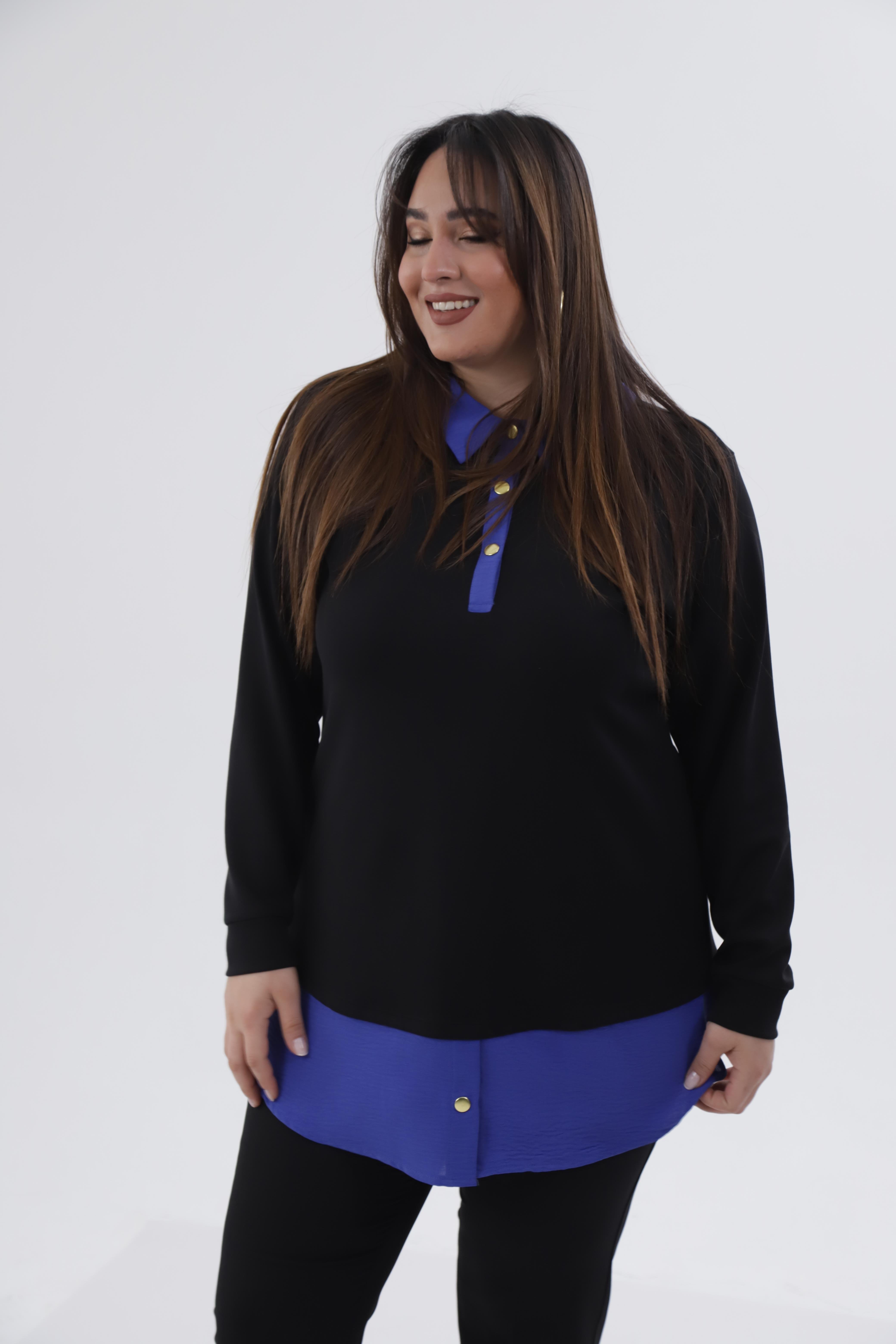 Büyük Beden 333743 Yakası Zincir Detaylı Bluz Siyah-Mavi