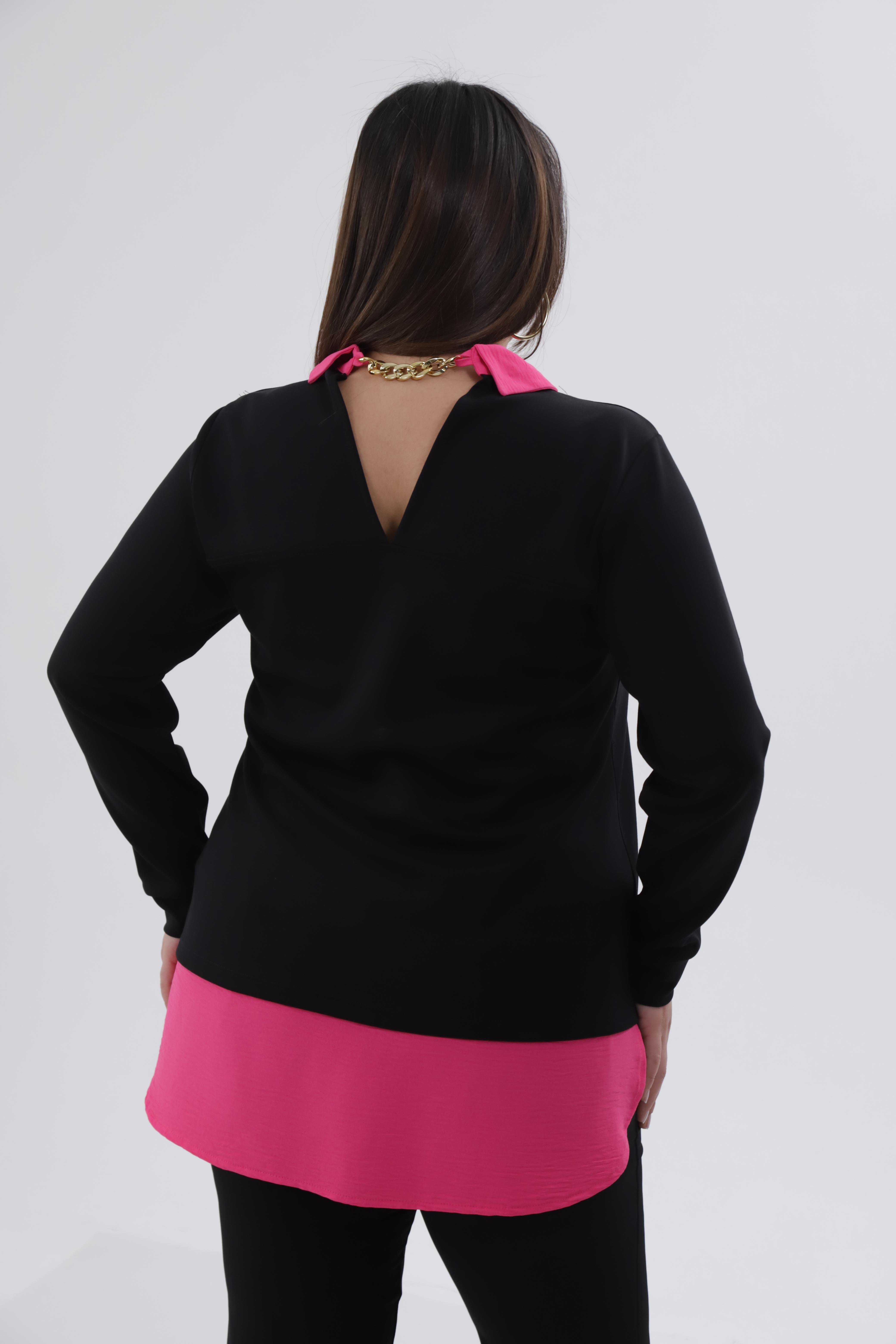 Büyük Beden 333743 Yakası Zincir Detaylı Bluz Siyah-Fuşya