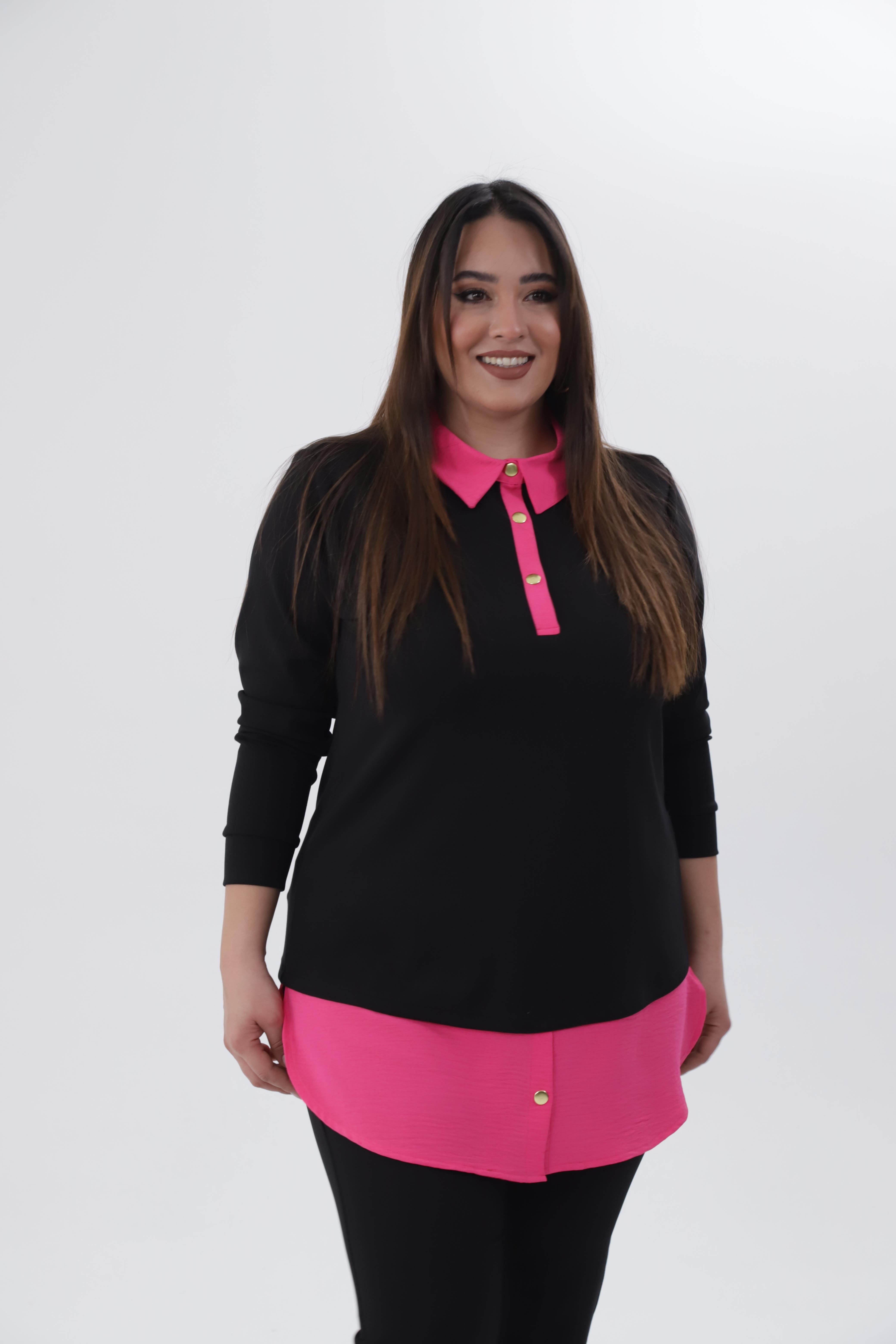 Büyük Beden 333743 Yakası Zincir Detaylı Bluz Siyah-Fuşya