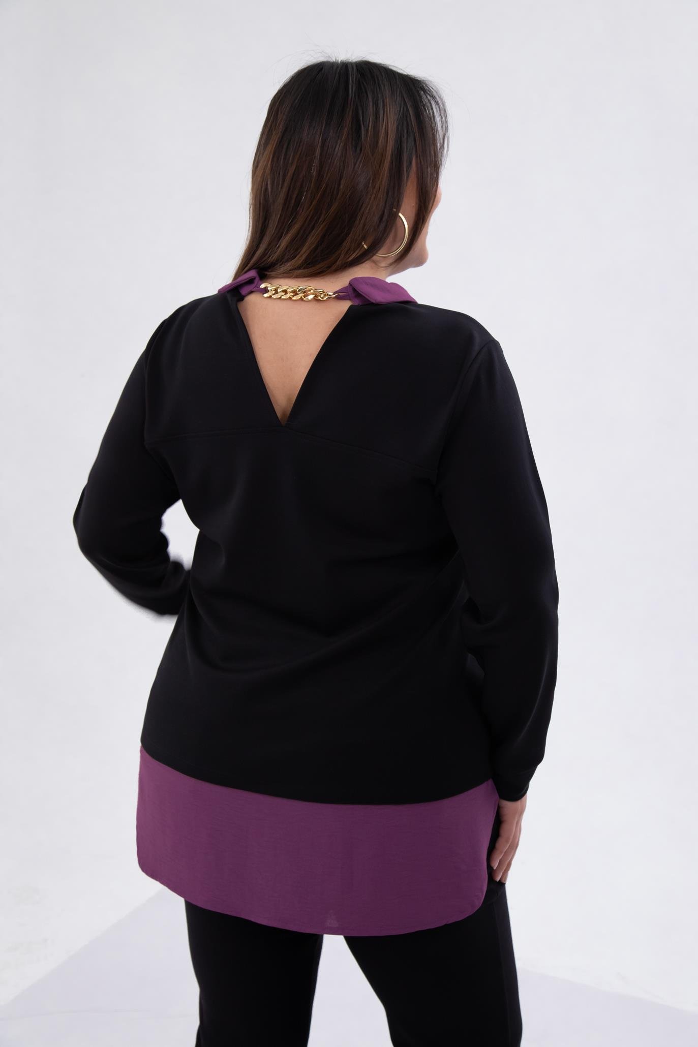 Büyük Beden 333743 Yakası Zincir Detaylı Bluz Siyah-Mor