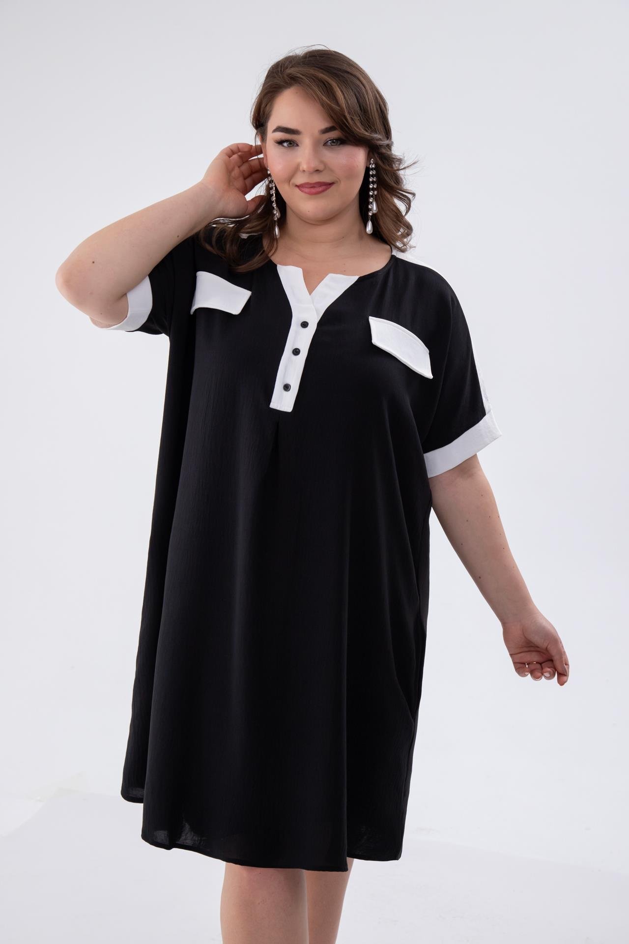 Büyük Beden 333801 Yakası-Kolu Garnili Elbise  Siyah-Beyaz