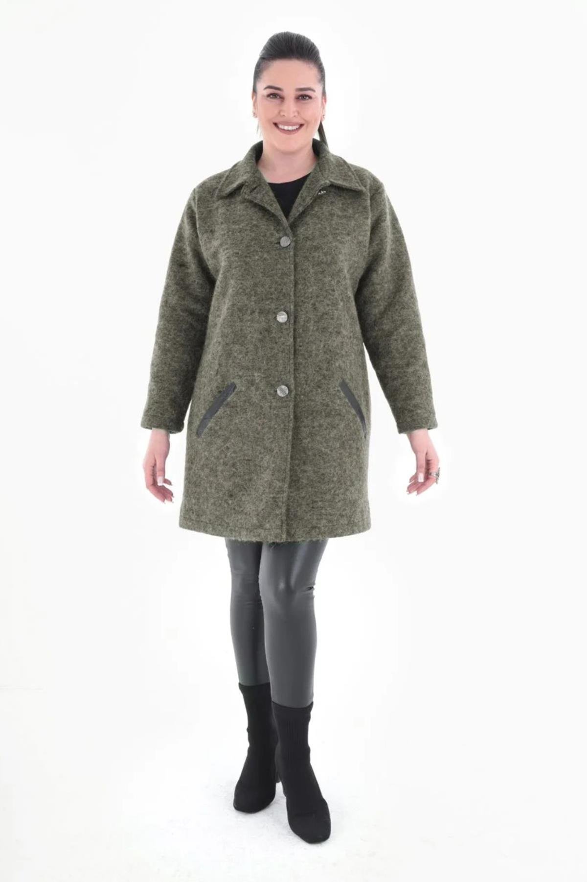 Büyük Beden 6077 Keçe Kaban  Haki