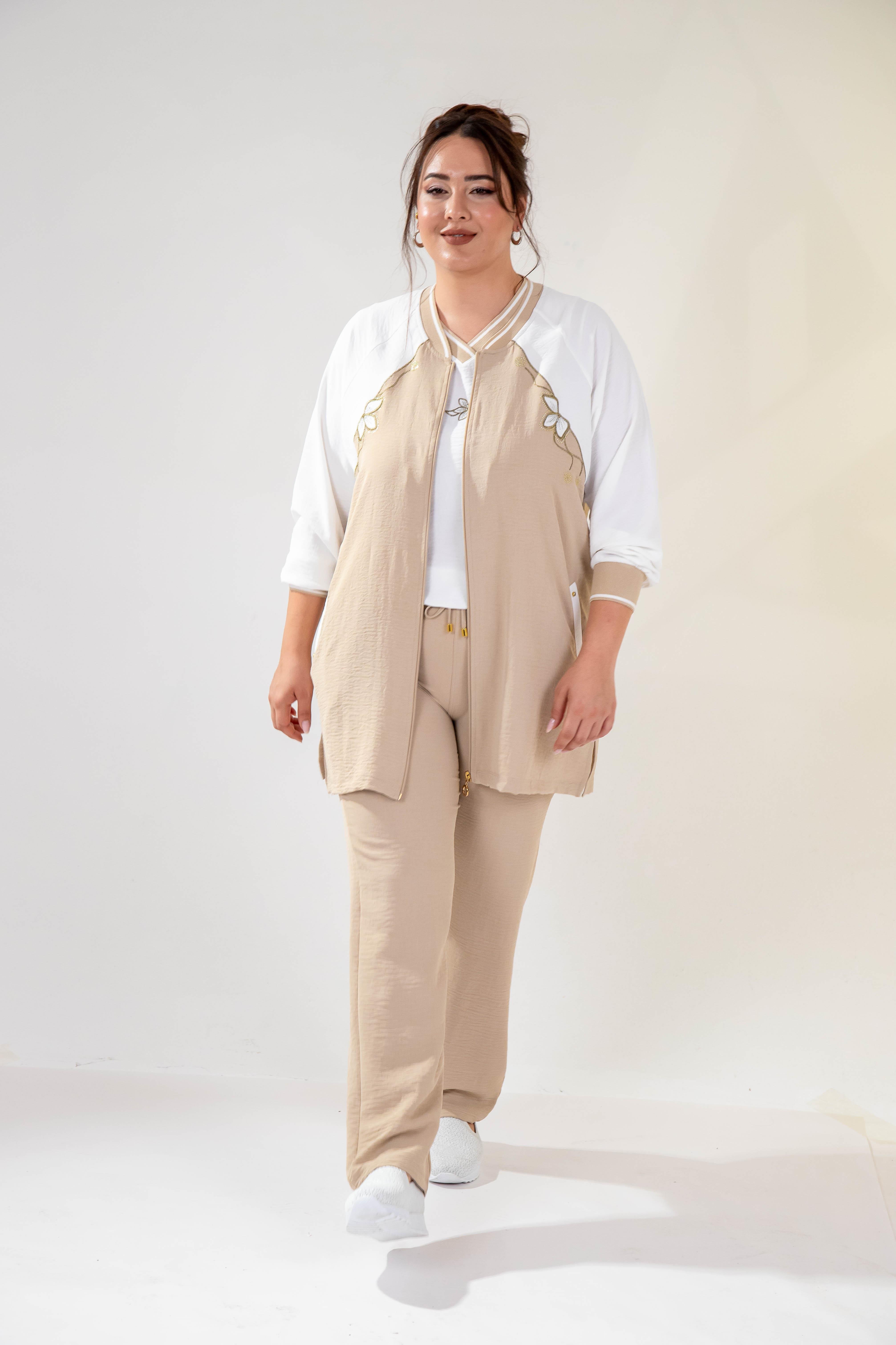 Büyük Beden 76330 Çiçek Nakışlı 3^lü Takım Bej