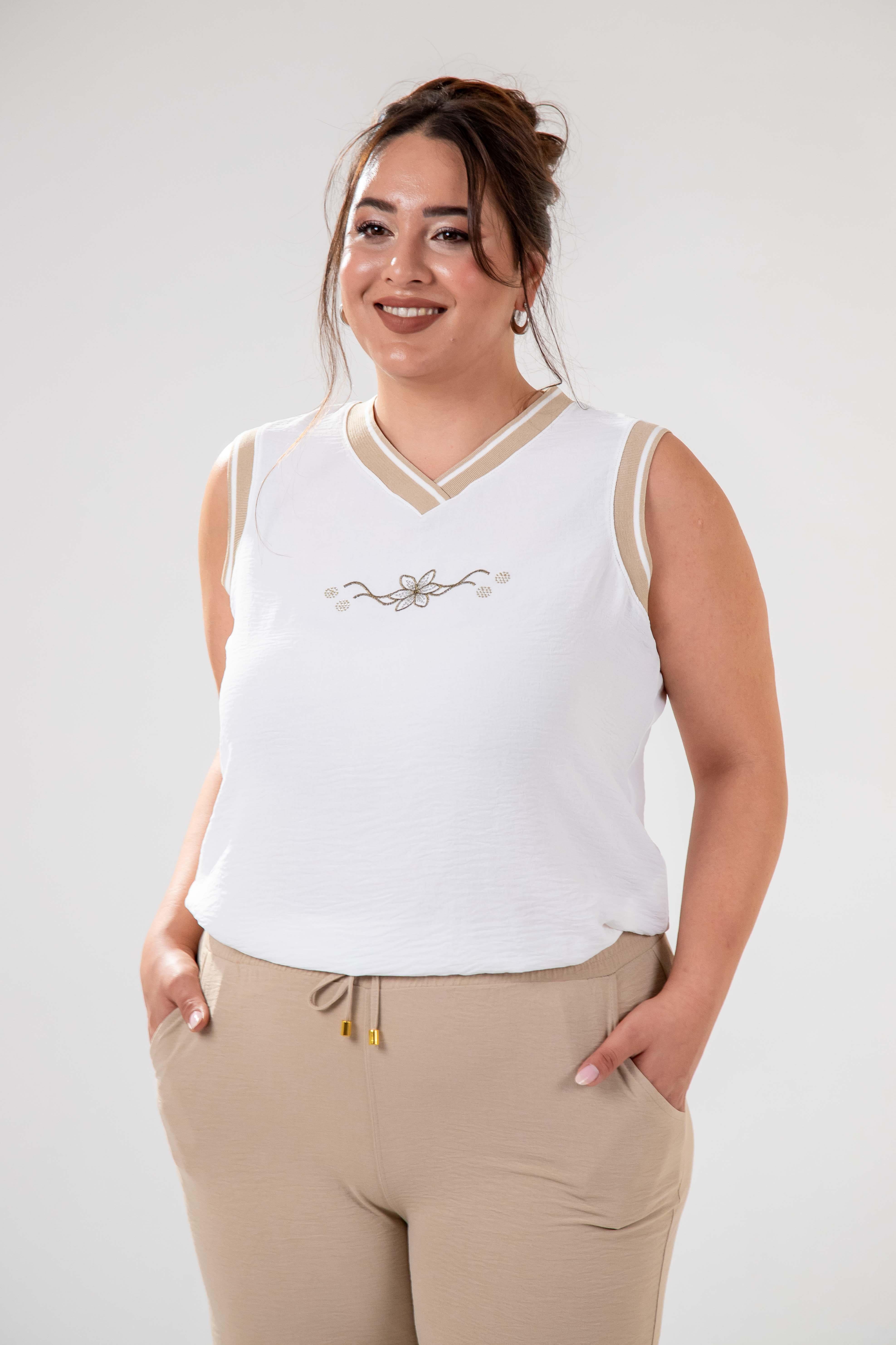 Büyük Beden 76330 Çiçek Nakışlı 3^lü Takım Bej