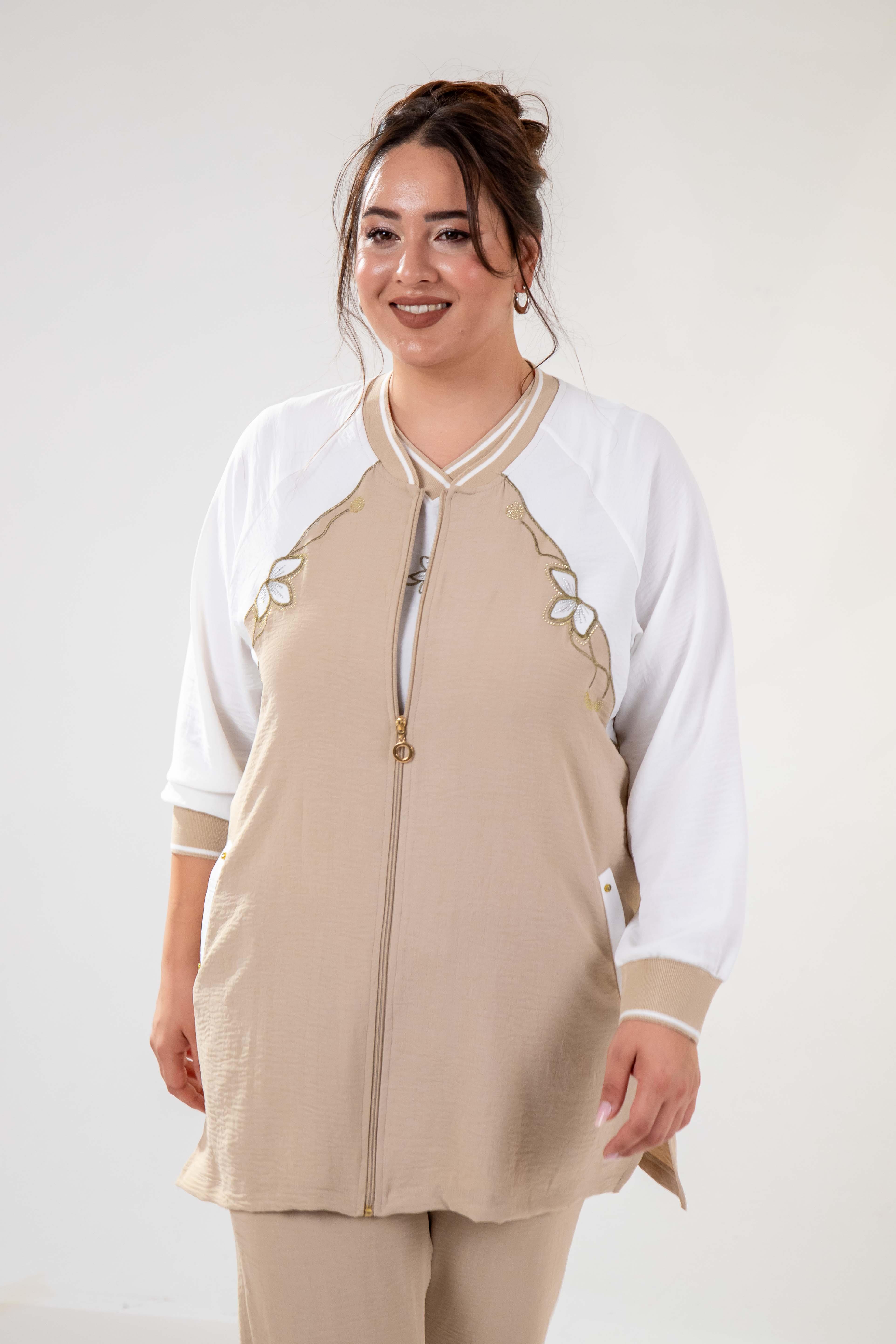 Büyük Beden 76330 Çiçek Nakışlı 3^lü Takım Bej