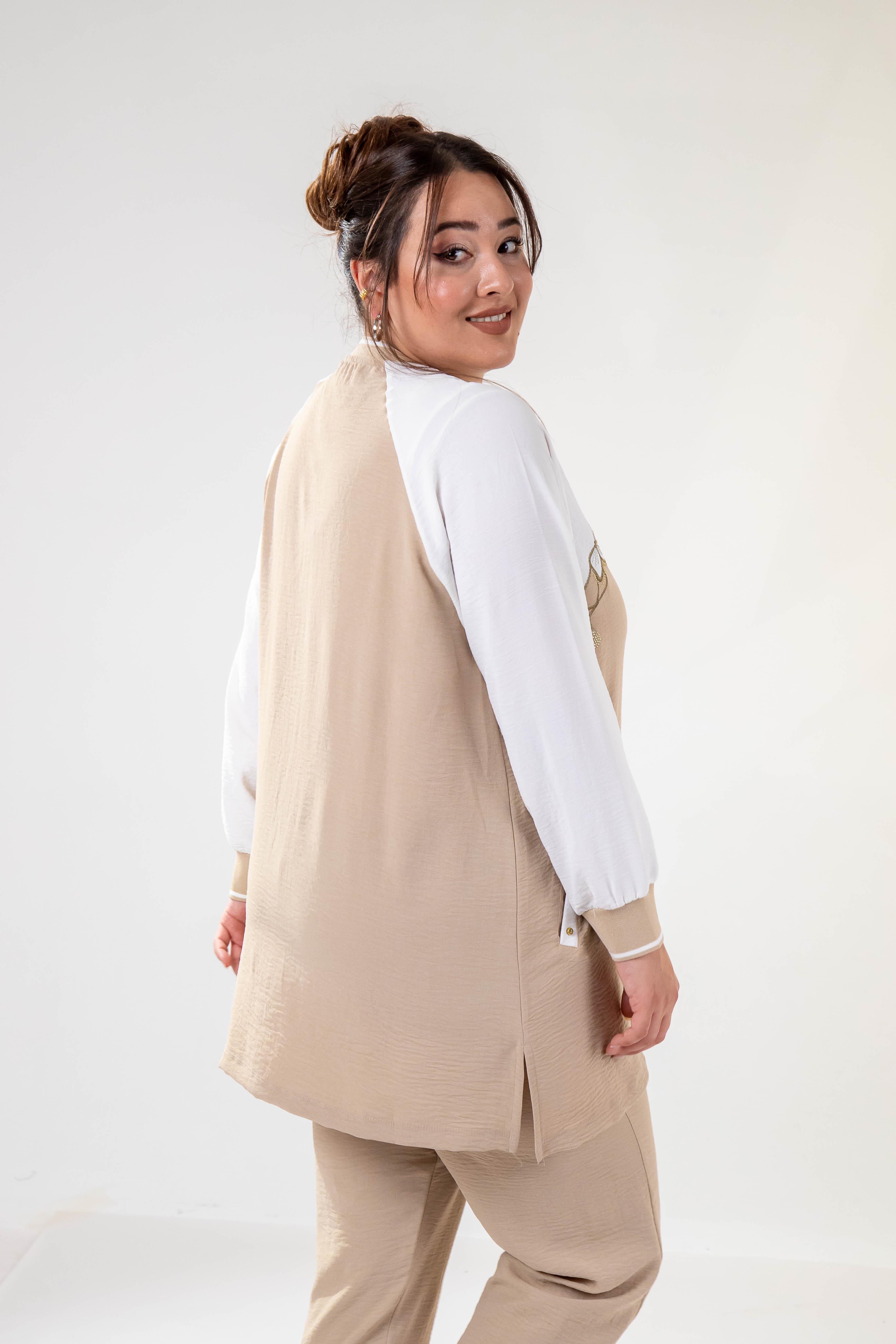 Büyük Beden 76330 Çiçek Nakışlı 3^lü Takım Bej