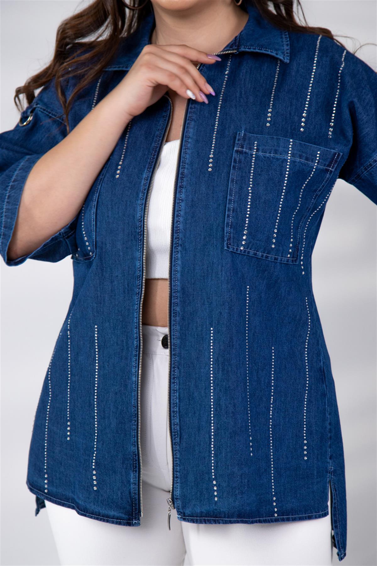 Büyük Beden 8007 Taş Detaylı Denim Ceket  Mavi
