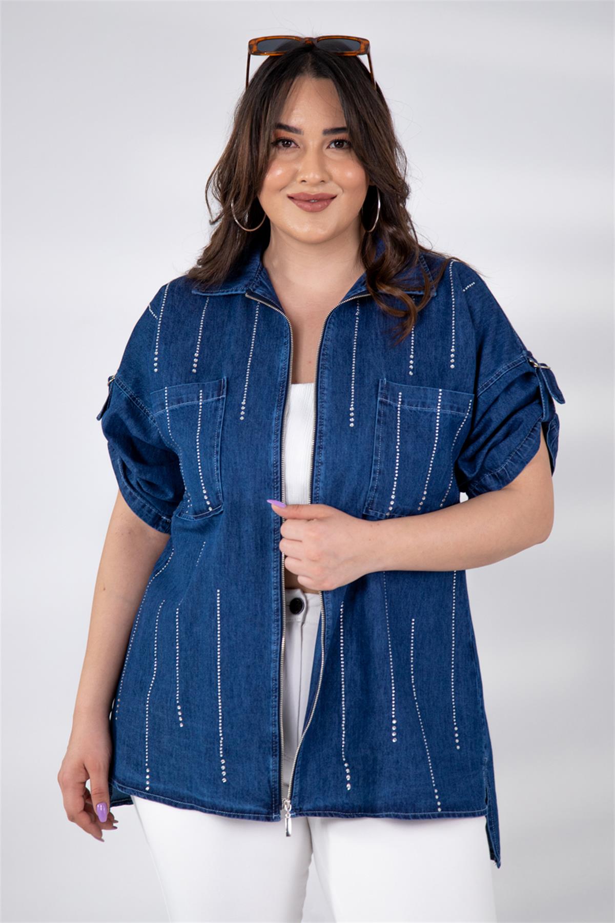 Büyük Beden 8007 Taş Detaylı Denim Ceket  Mavi