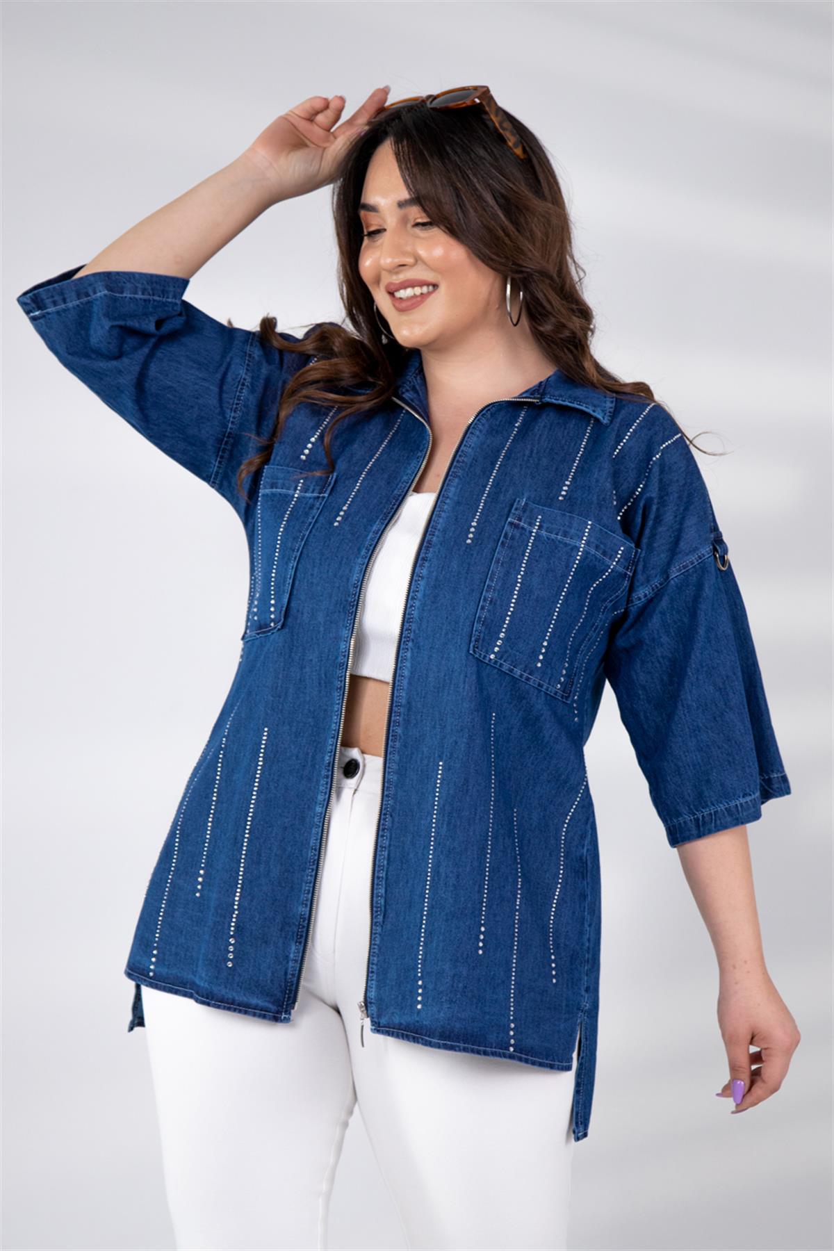 Büyük Beden 8007 Taş Detaylı Denim Ceket  Mavi