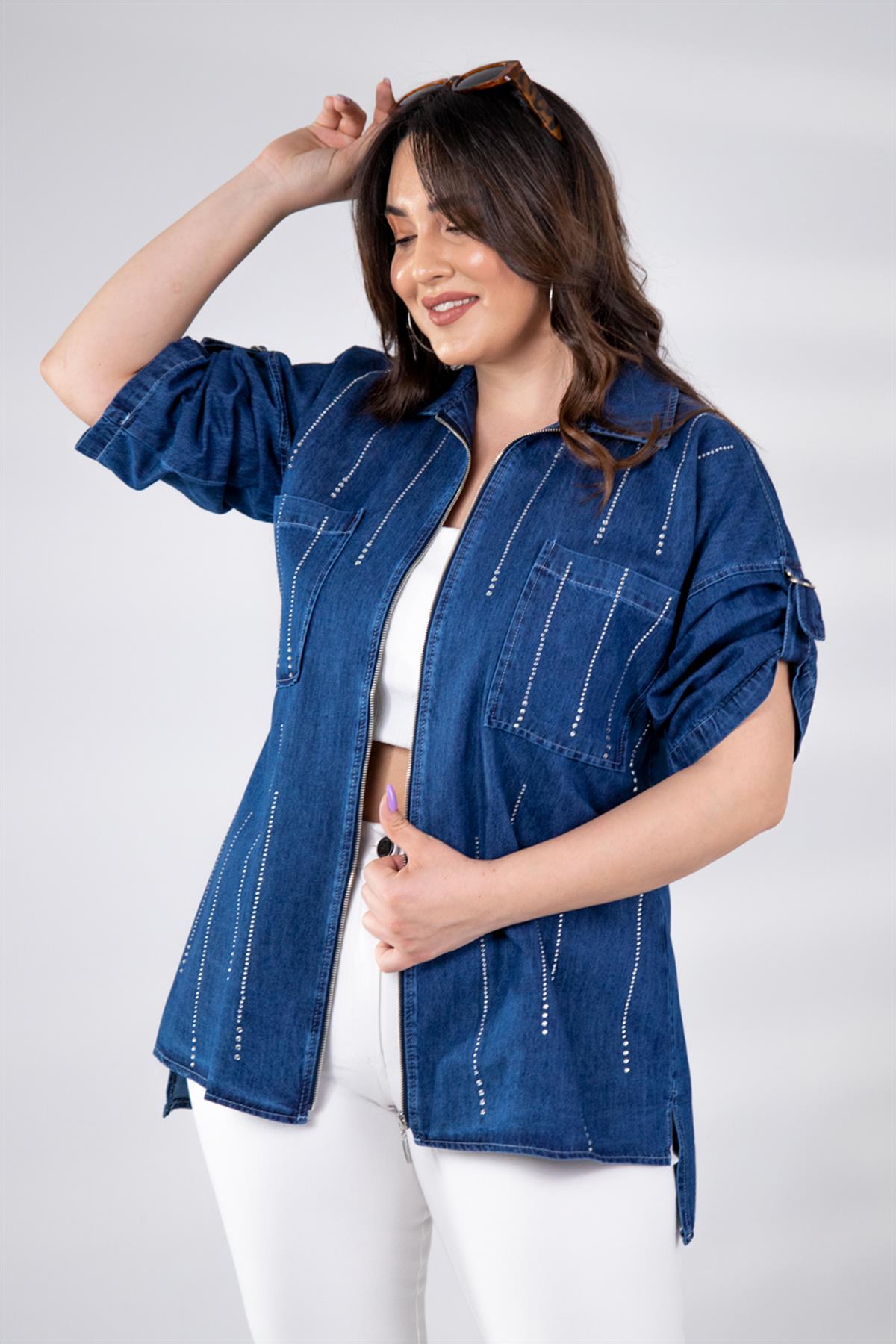 Büyük Beden 8007 Taş Detaylı Denim Ceket  Mavi