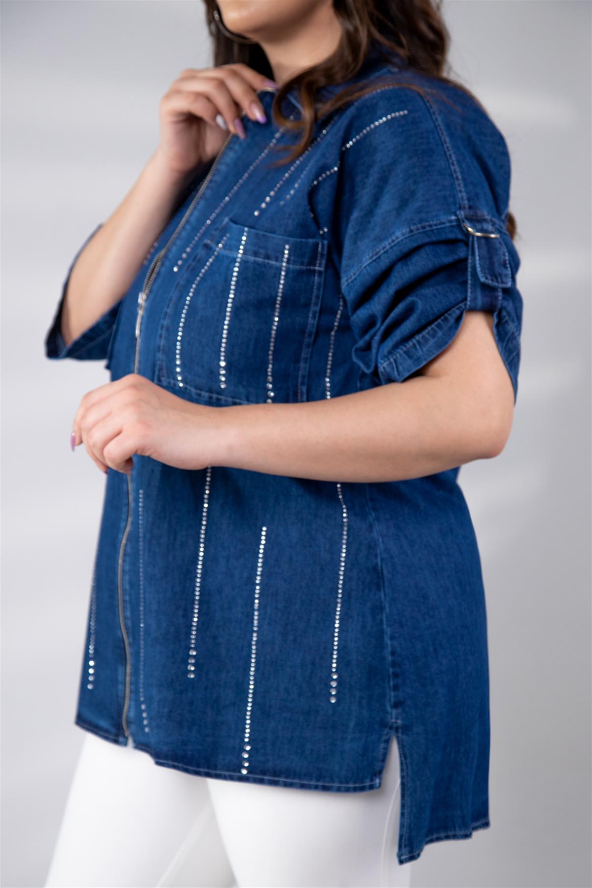 Büyük Beden 8007 Taş Detaylı Denim Ceket  Mavi