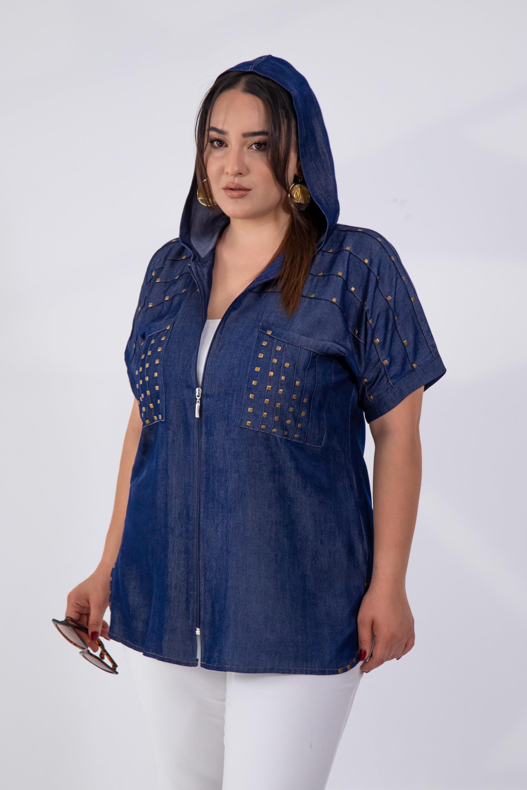 Büyük Beden 8033 Rivetli Kapüşonlu Bluz  Mavi