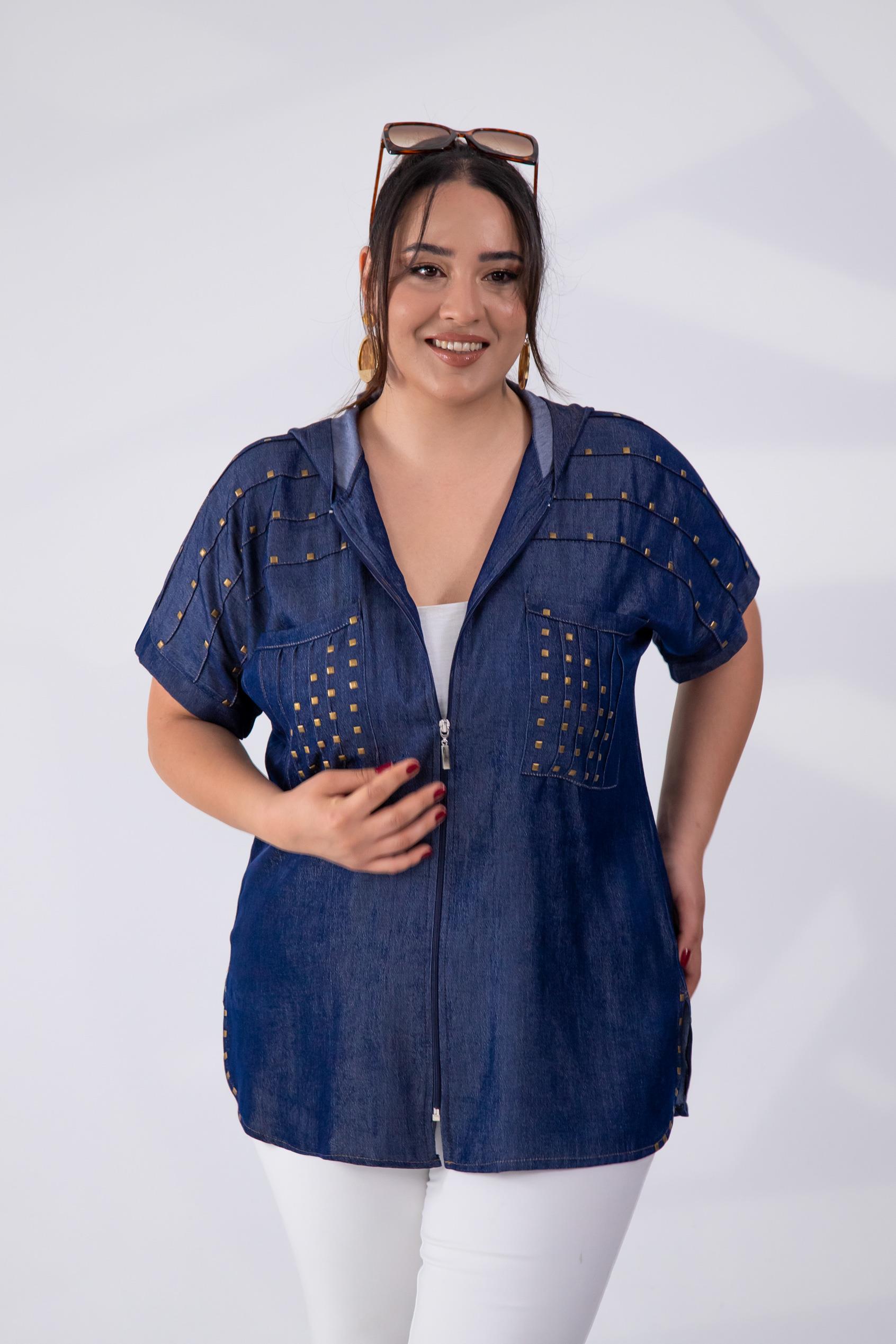 Büyük Beden 8033 Rivetli Kapüşonlu Bluz  Mavi