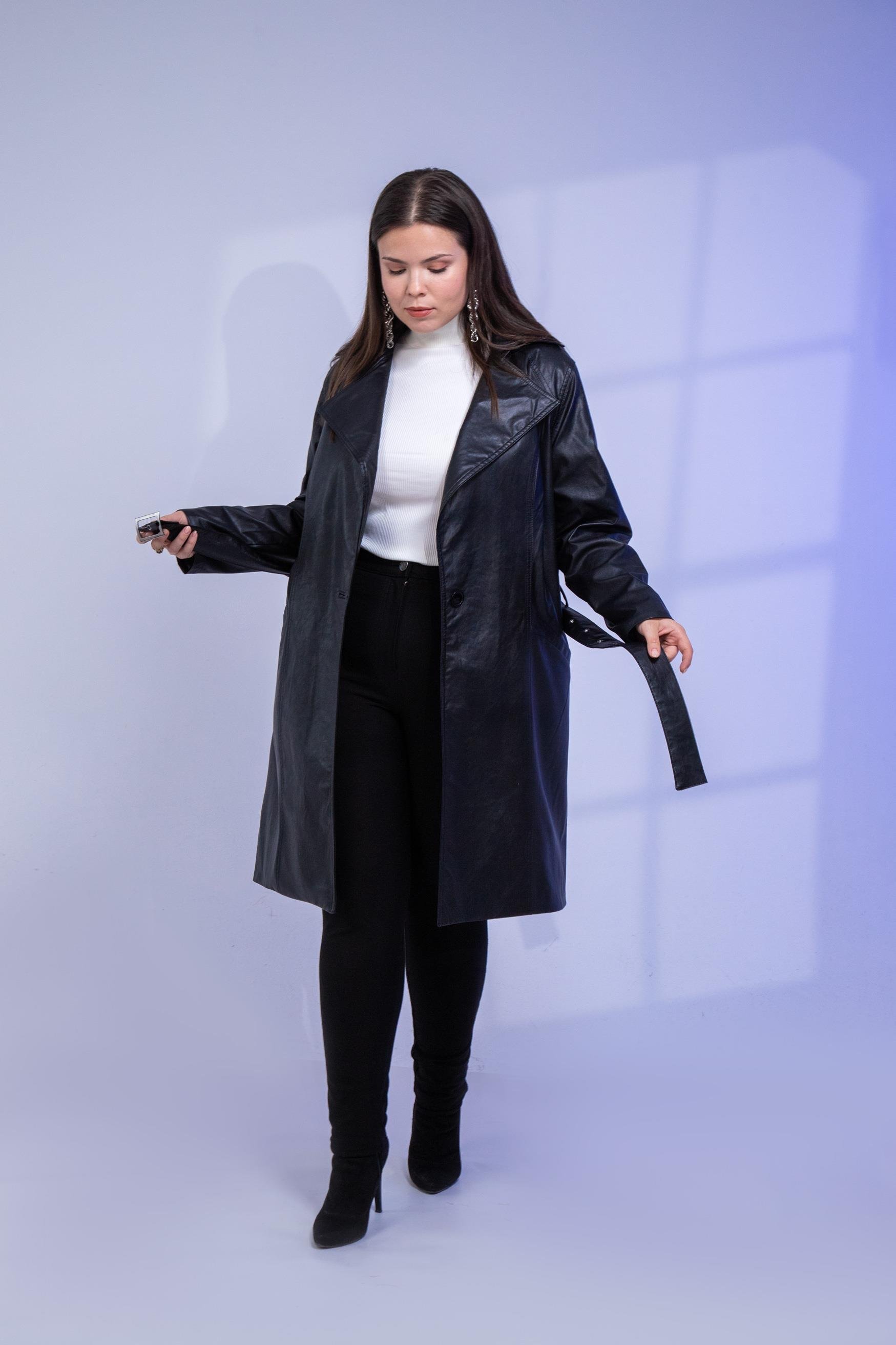 Büyük Beden Oscar Uzun Deri Ceket Siyah