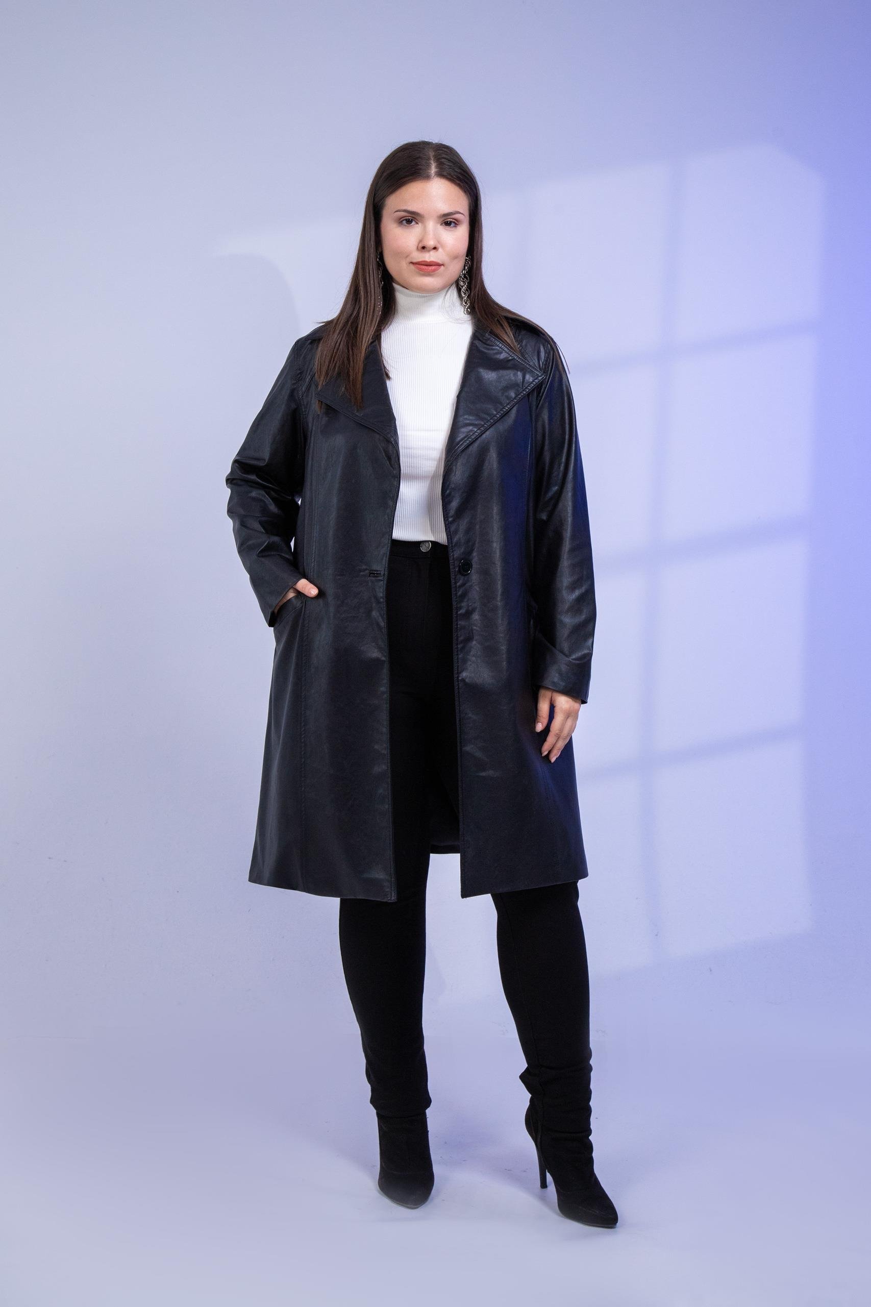 Büyük Beden Oscar Uzun Deri Ceket Siyah