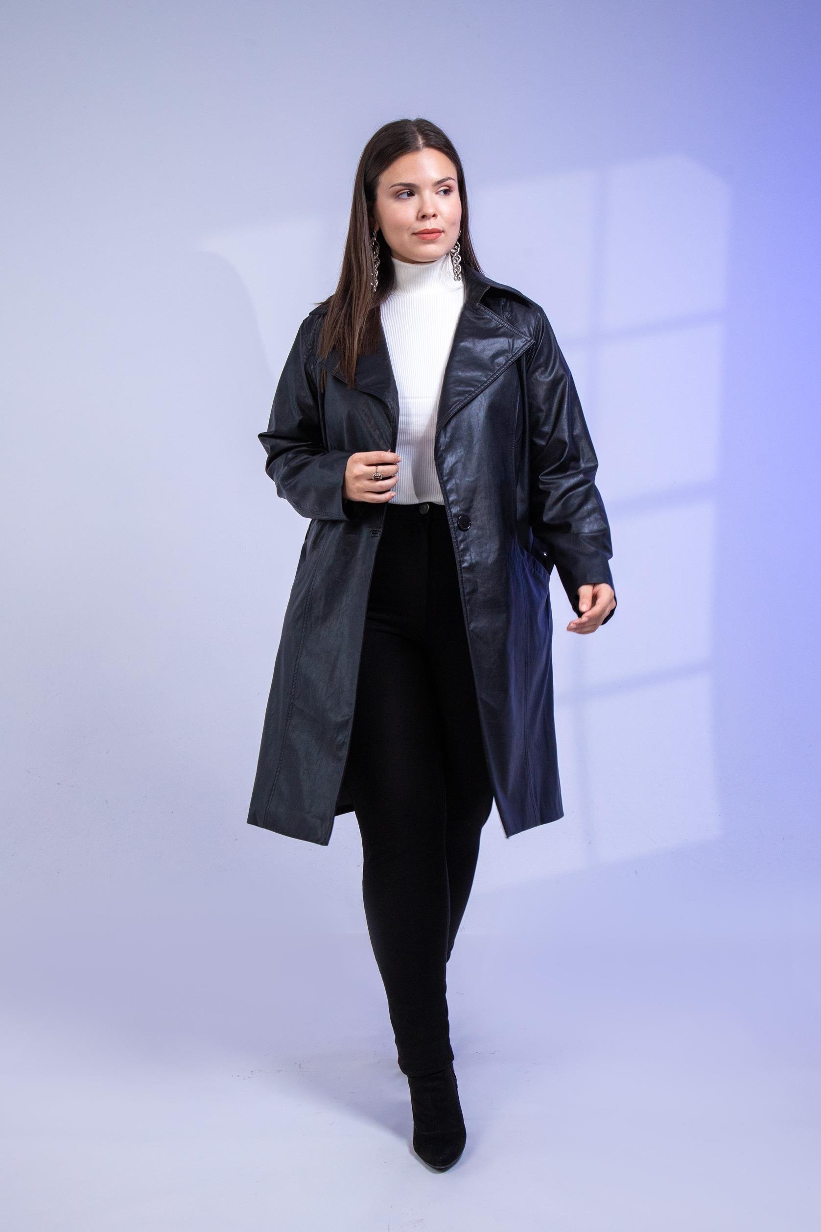 Büyük Beden Oscar Uzun Deri Ceket Siyah