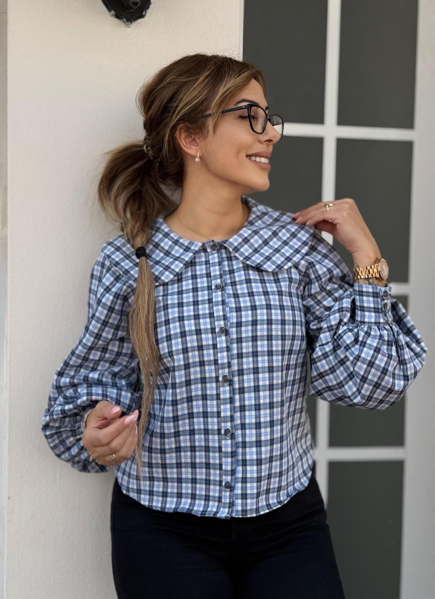 Bebe Yaka Mavi Ekose Balon Kol GömlekYeni Gelenler ModayBebe Yaka Mavi Ekose Balon Kol Gömlek