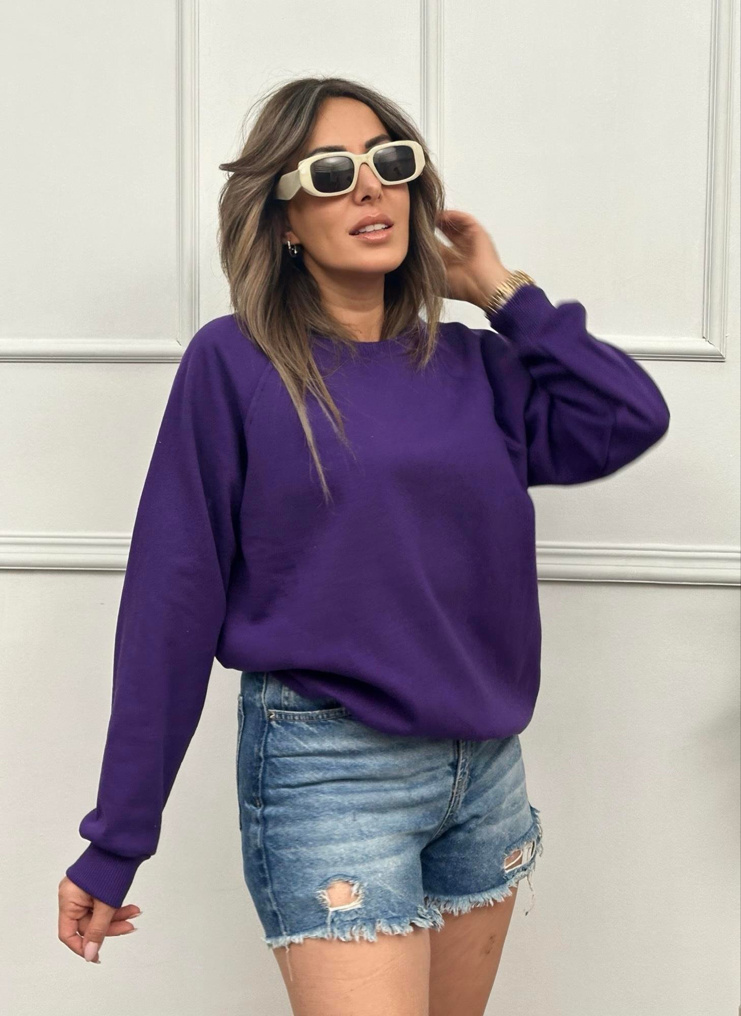 Bisiklet Yaka Mor SweatshirtYeni Gelenler ModayBisiklet Yaka Mor Sweatshirt