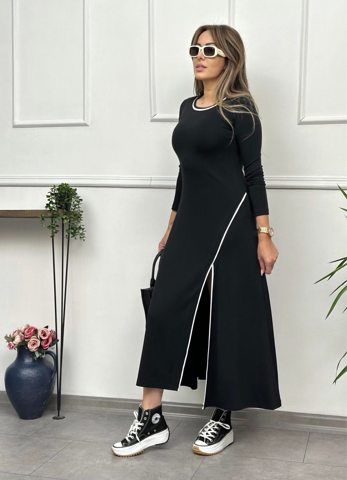 Biyeli Modal Siyah Maxi Boy ElbiseYeni Gelenler ModayBiyeli Modal Siyah Maxi Boy Elbise
