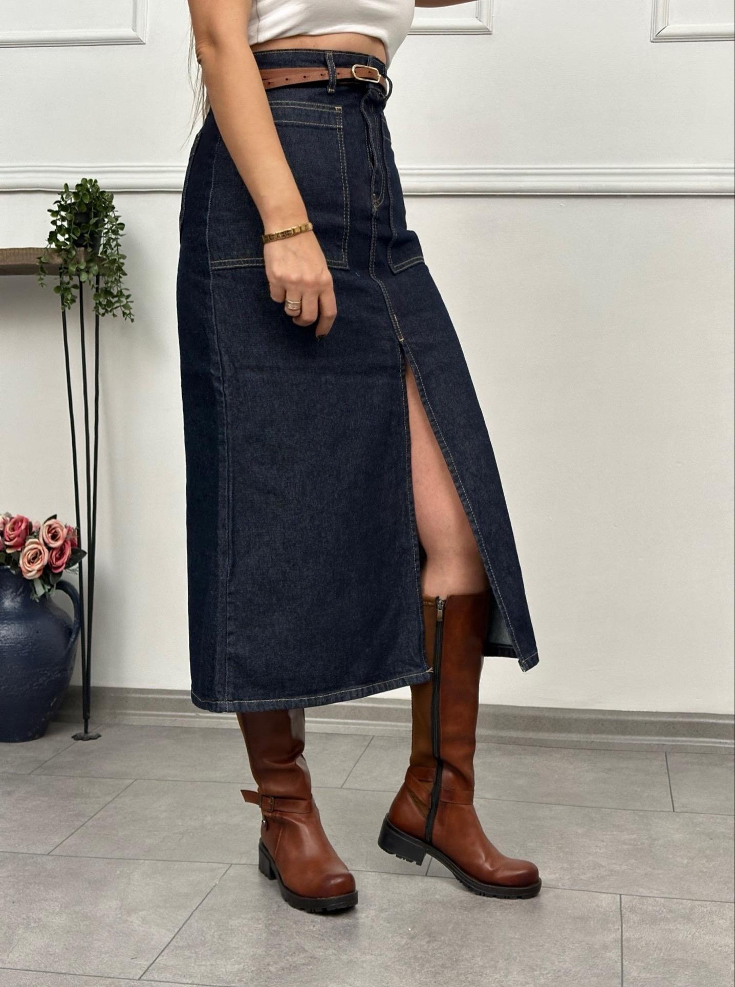 Büyük Cepli Lacivert Denim EtekYeni Gelenler ModayBüyük Cepli Lacivert Denim Etek