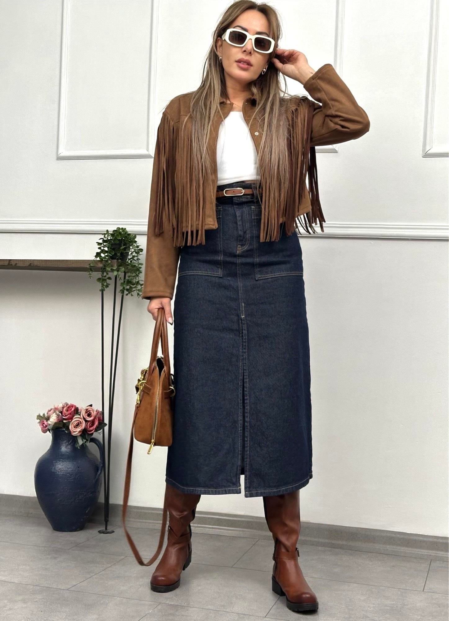 Büyük Cepli Lacivert Denim EtekYeni Gelenler ModayBüyük Cepli Lacivert Denim Etek