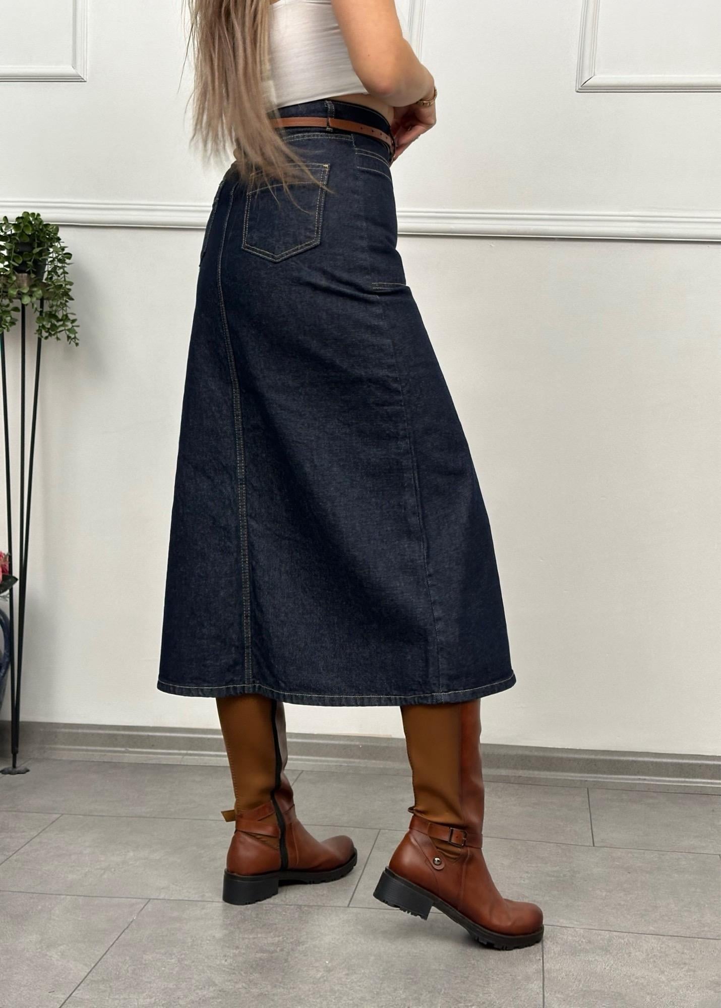 Büyük Cepli Lacivert Denim EtekYeni Gelenler ModayBüyük Cepli Lacivert Denim Etek