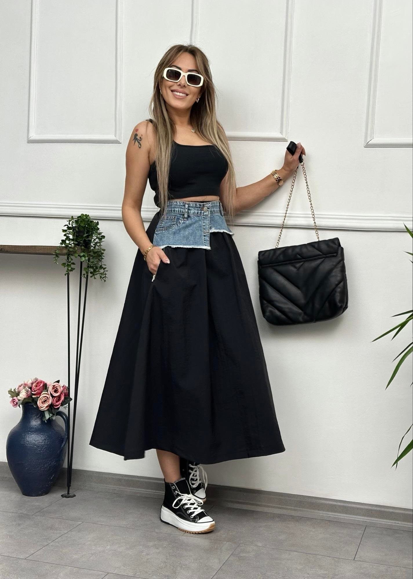 Denim Detaylı Premium Kiloş Siyah EtekYeni Gelenler ModayDenim Detaylı Premium Kiloş Siyah Etek