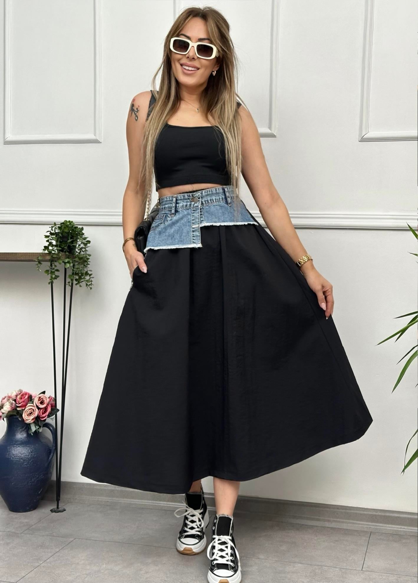 Denim Detaylı Premium Kiloş Siyah EtekYeni Gelenler ModayDenim Detaylı Premium Kiloş Siyah Etek