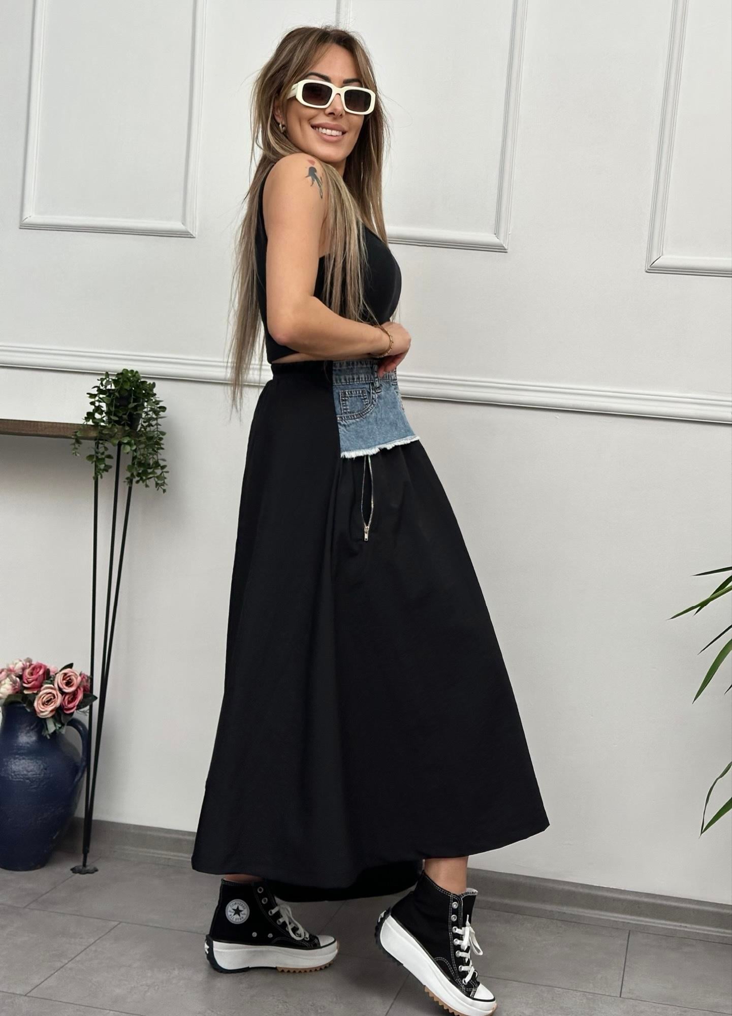 Denim Detaylı Premium Kiloş Siyah EtekYeni Gelenler ModayDenim Detaylı Premium Kiloş Siyah Etek