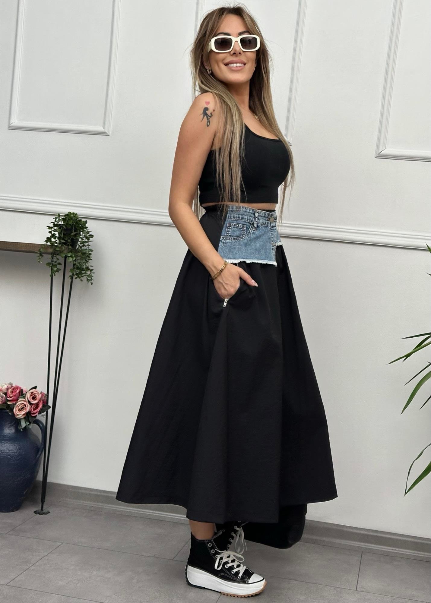 Denim Detaylı Premium Kiloş Siyah EtekYeni Gelenler ModayDenim Detaylı Premium Kiloş Siyah Etek