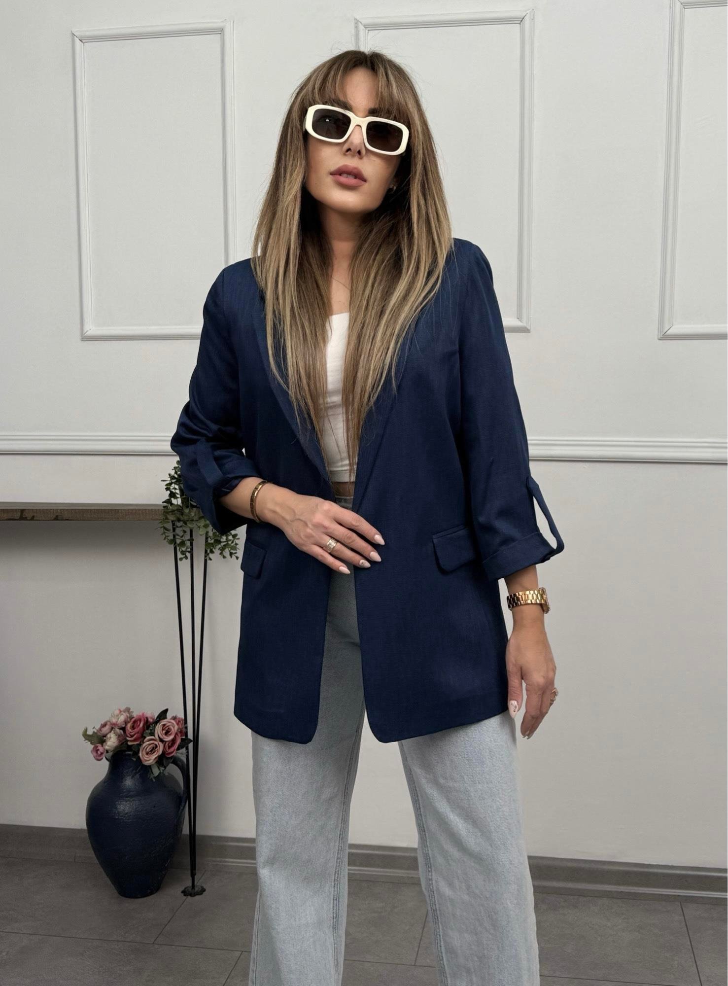 Kol Katlamalı Lacivert Blazer CeketYeni Gelenler ModayKol Katlamalı Lacivert Blazer Ceket