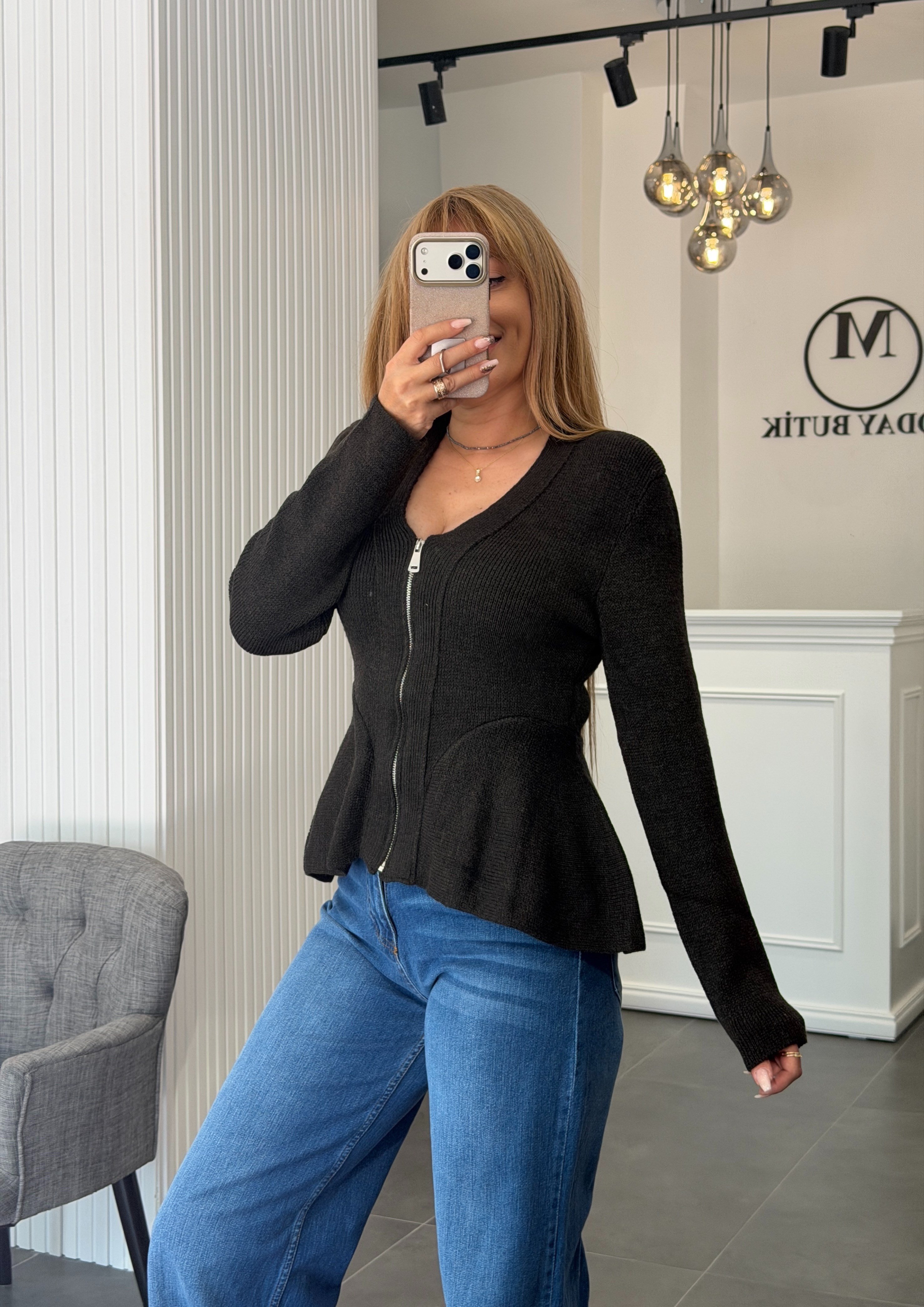 MODAYBUTİK Acı Kahve Önden Fermuarlı Peplum Yün Hırka