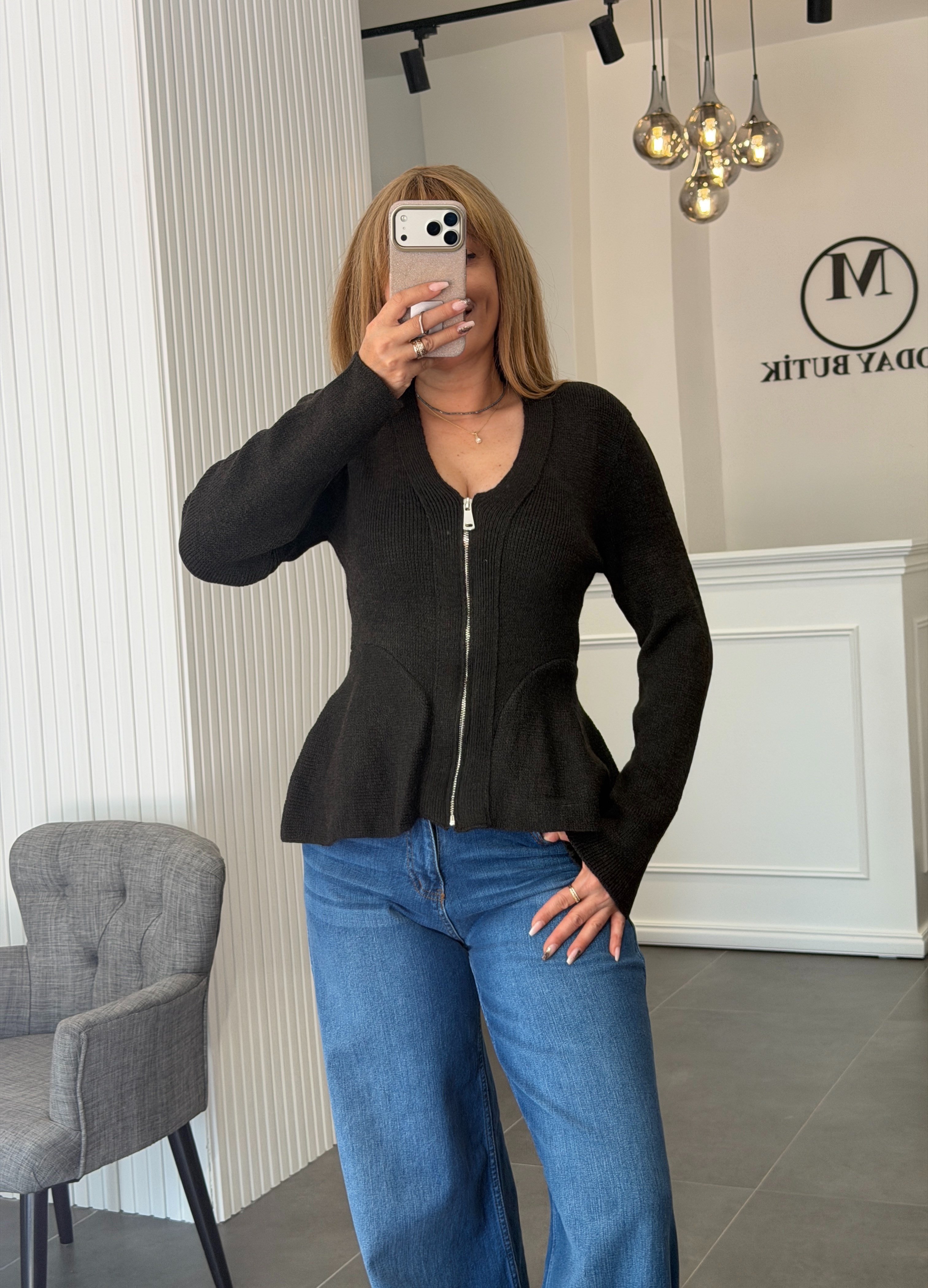 MODAYBUTİK Acı Kahve Önden Fermuarlı Peplum Yün Hırka