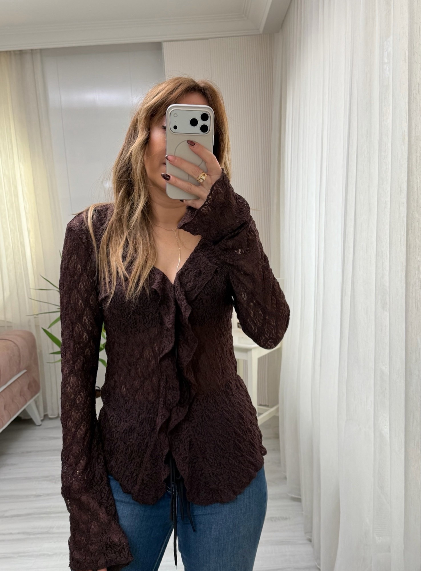 MODAYBUTİKAcı Kahve Dantel Bağlamalı Bluz 