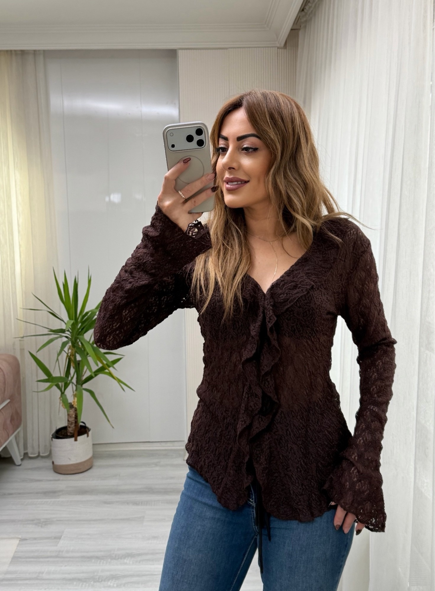 MODAYBUTİKAcı Kahve Dantel Bağlamalı Bluz 