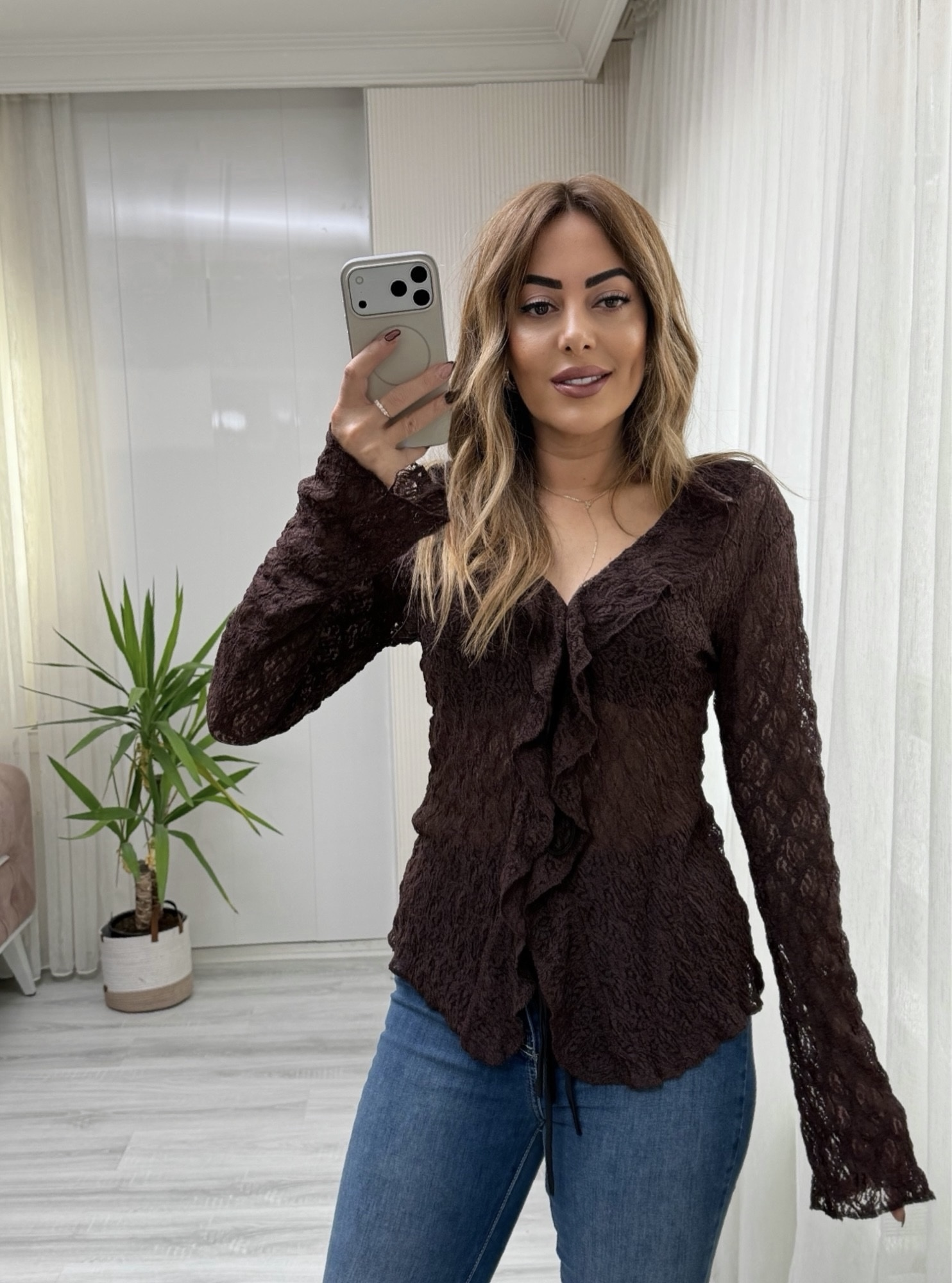 MODAYBUTİKAcı Kahve Dantel Bağlamalı Bluz 