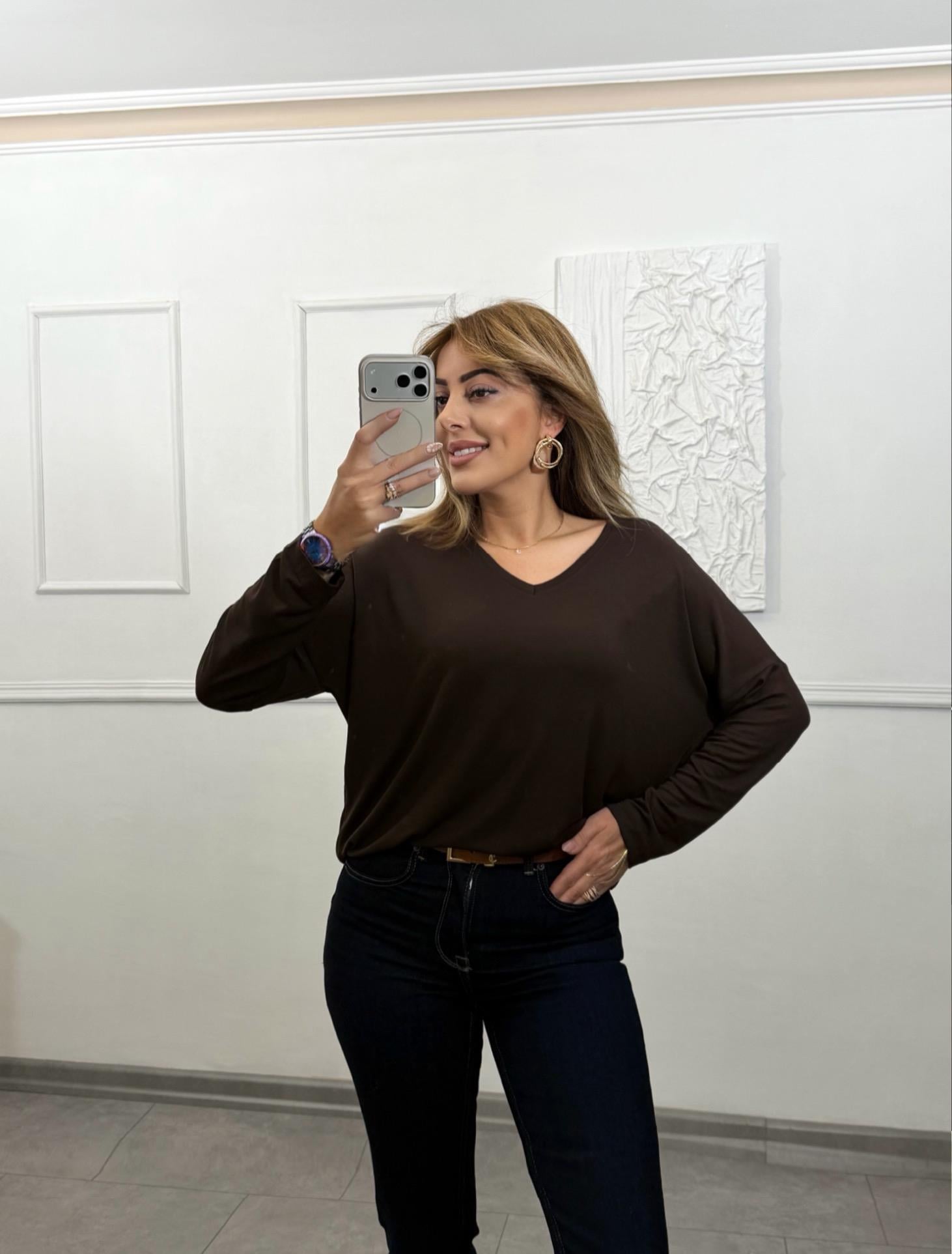 MODAYBUTİKAcı Kahve Modern Basic V Yaka Bluz